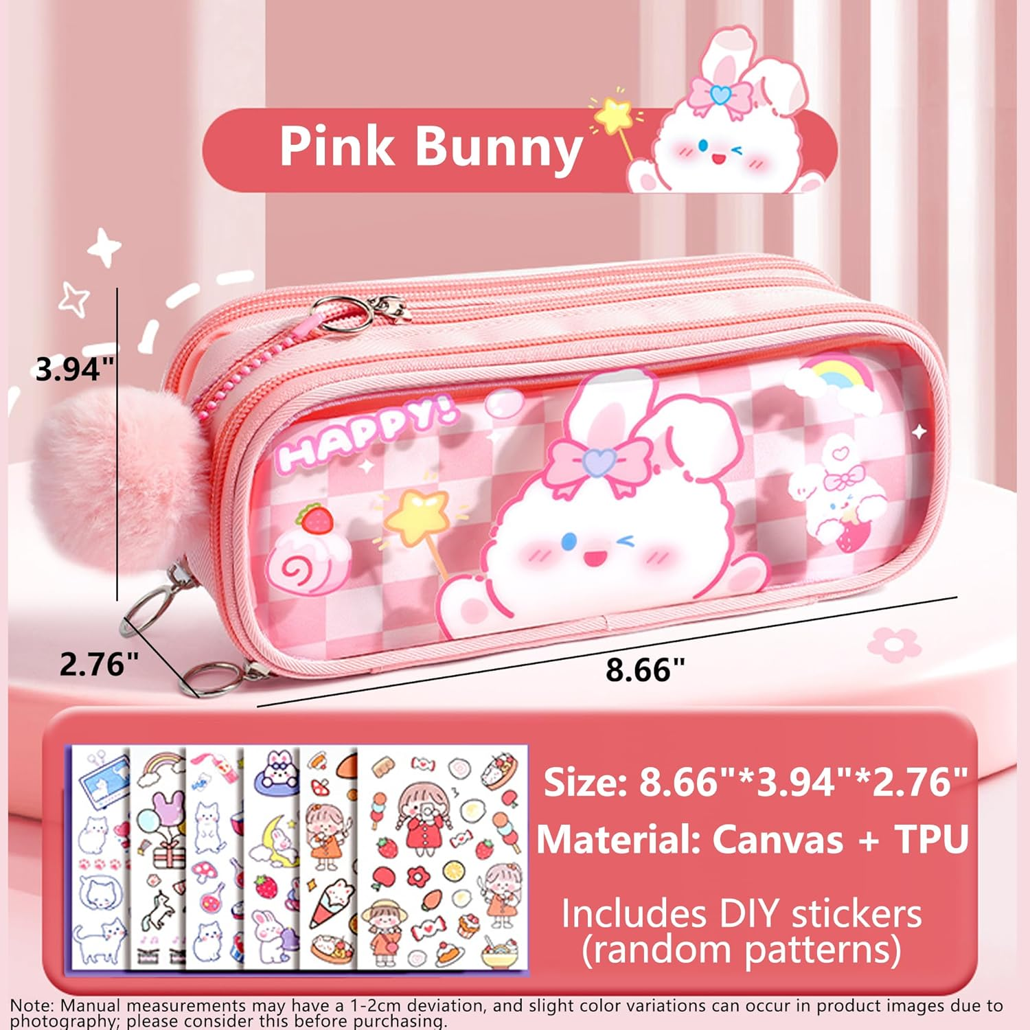 UINSUE Cute Pen Case Adorable Bunny Transparent 3-Layer Large Capacity Pencil Case Gadget Organizer with Lovely Stickers (Pink) - Purple image number 7
