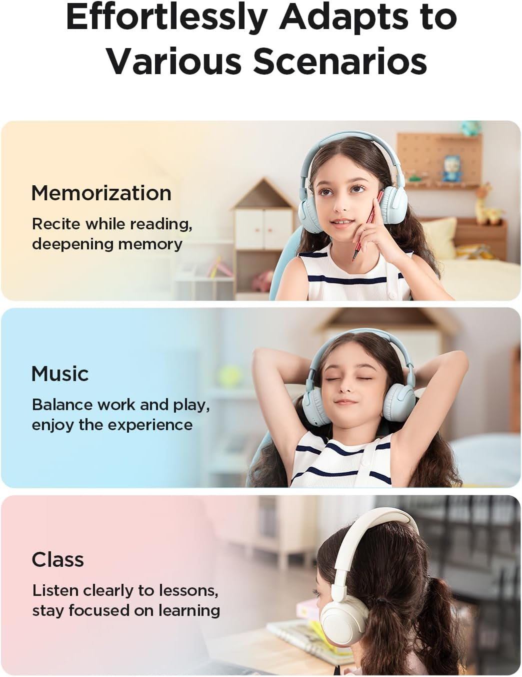 1MORE Kids Headphones Wireless, Sonoflow Mini Hearing Protection Study Headphones, Bluetooth Headphone over Ear, Kids Headset, Safe Volume 75/85/90 Dba, 65H Play Time, Fast Charging (White) image number 2
