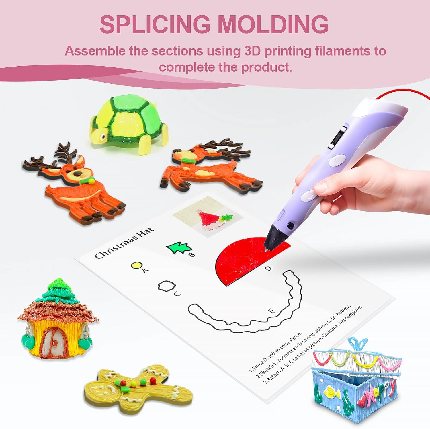 Dayker 3D Printing Pen Drawing Book, 40 Patterns Colorful Painting Graffiti Template, Thick Paper Stencils with a PVC Transparent Board for Birthday Christmas DIY Craft Gift image number 4