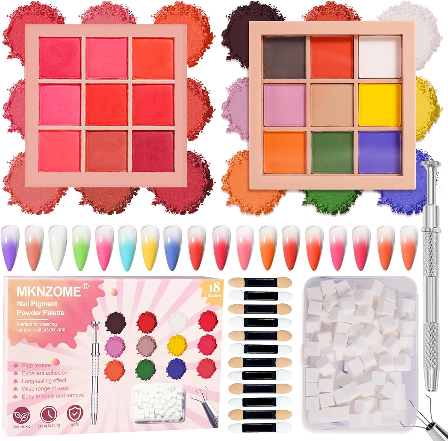 MKNZOME 9 Colours Nail Pigment Powder Palette, Chrome Nail Powder, 100 Pcs Nail Sponges for Ombre with Metal Grabber, Nail Art Tools for Nail Design, B