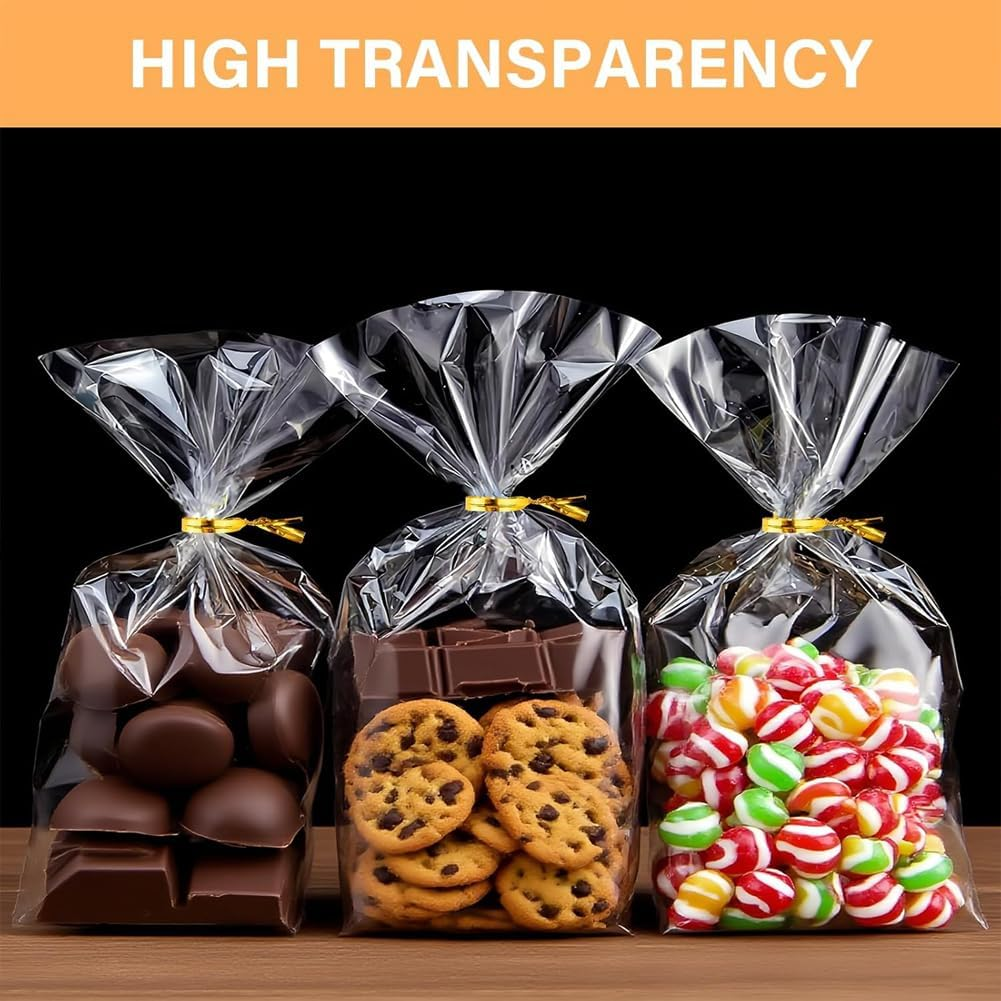 100Pcs Cellophane Bags,Suithink 12X17Cm Transparent Treat Candy Bags with Twist Ties for Small Gift Wrapping, Cookies, Party Favors, Bakery Packaging image number 3