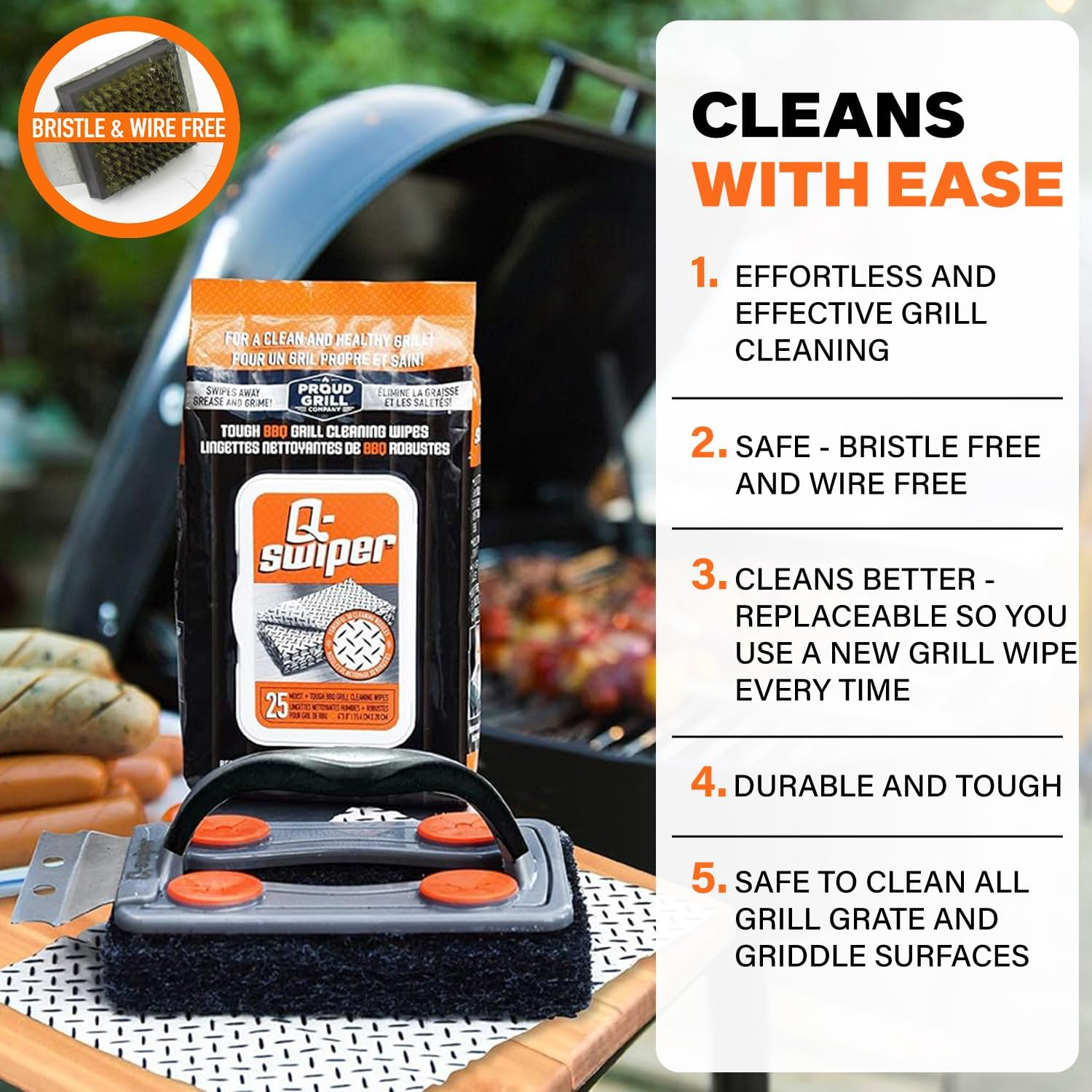 Q-Swiper BBQ Grill Cleaner Set - 1 BBQ Brush with Scraper and 25 BBQ Grill Cleaning Wipes. Bristle Free & Wire Free. Safe Way to Remove Grease and Grime for a Clean and Healthy Grill! image number 5