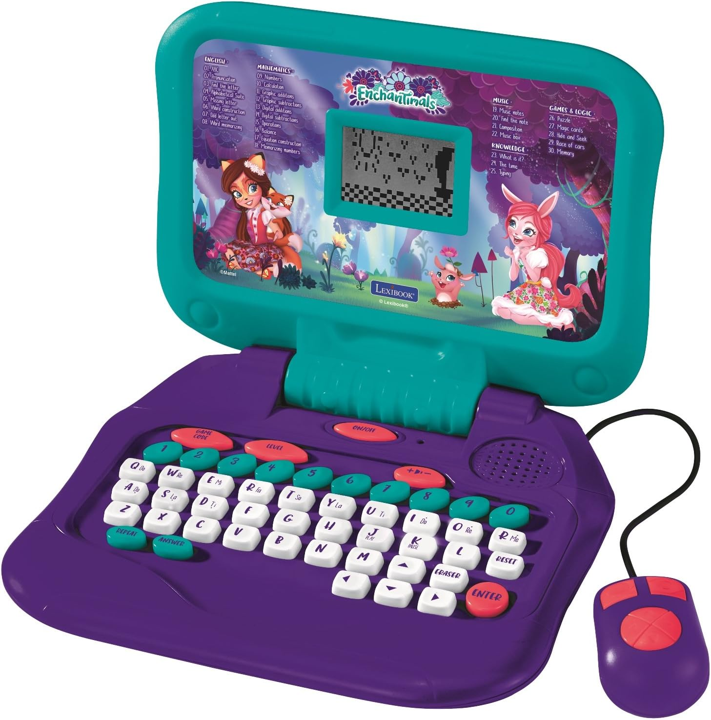LEXIBOOK Mattel Enchantimals Felicity Fox & Flick Educational Laptop to Learn and Play-30 Activities to Discover English, Mathematics, Music, Knowledge, Logic and Games-Purple/Green, JC590ECEN image number 1