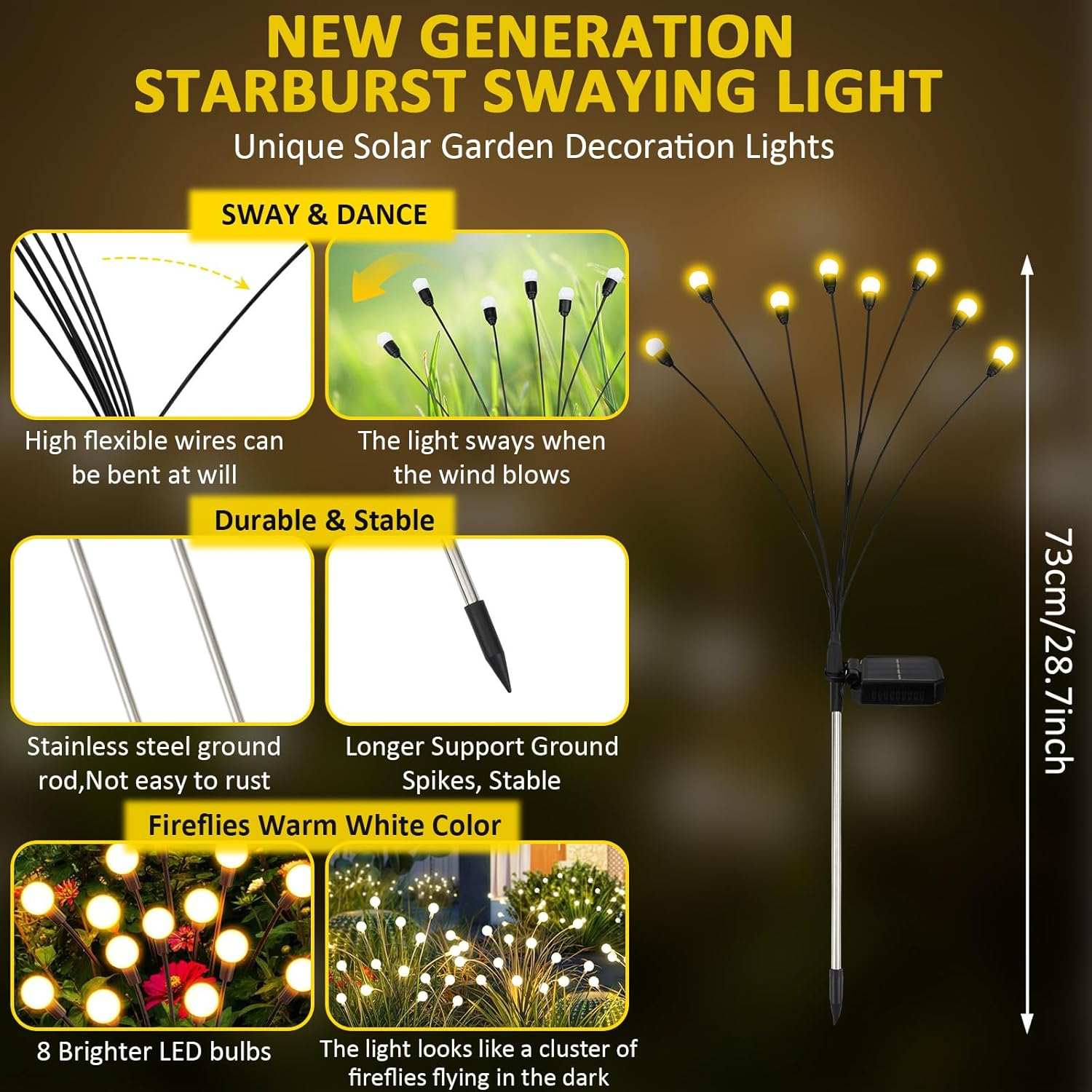 Fiflying Pack of 2 8 LED Fireflies Solar Lights Outdoor Improved Heights Optional Modes Firefly Light IP65 Waterproof Solar Lights for Path Yard Patio Decorative image number 3