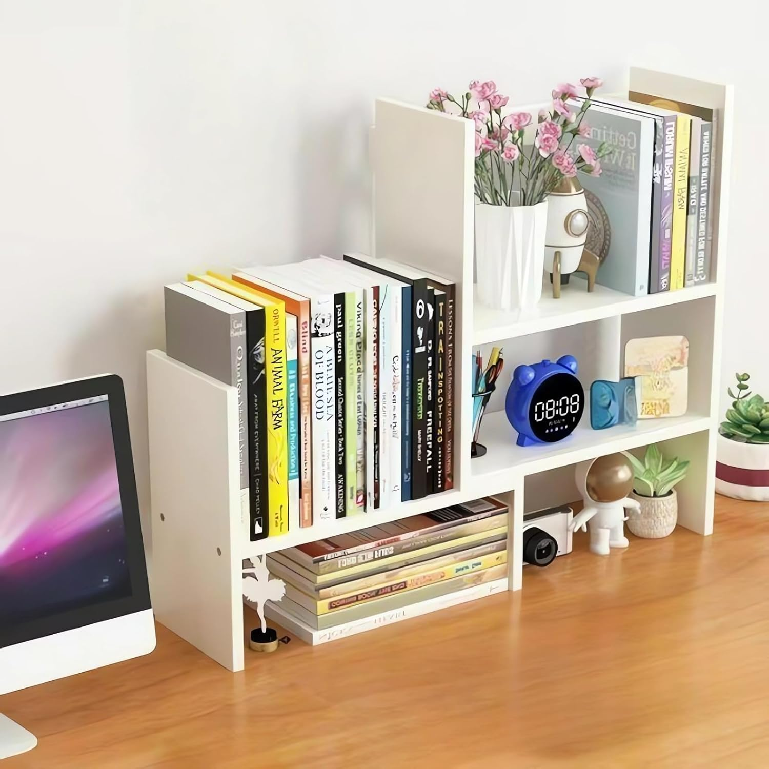 Desktop Bookshelf Organiser, Wood Bookcase, Office Desk Storage Shelf, Adjustable Width 36-72 Cm Bookshelves A292 (C White) image number 6