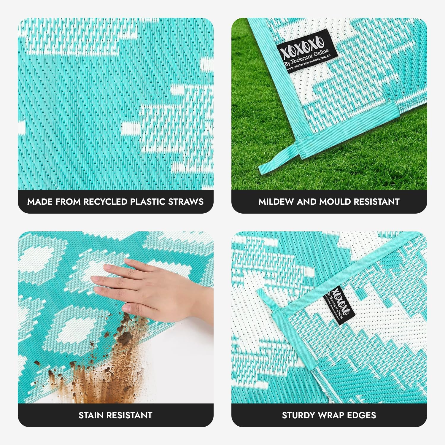 XCELERATOR Large Outdoor Rug for Patio, Reversible Portable Camping Rug, Weather Proof Plastic Straw Rug for RV Deck Camper Balcony, Positano 200 X 270 Cm Aqua and White