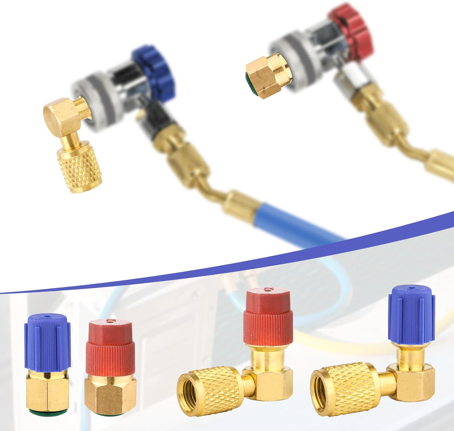 R12 to R134A AC Fitting Conversion Adapter Kit, Quick Connector Valve A/C 90&deg; Port Conversion Adapter High/Low Pressure with Valve Core Remover for AC Air Conditioner (Gold Straight Adapter) image number 2