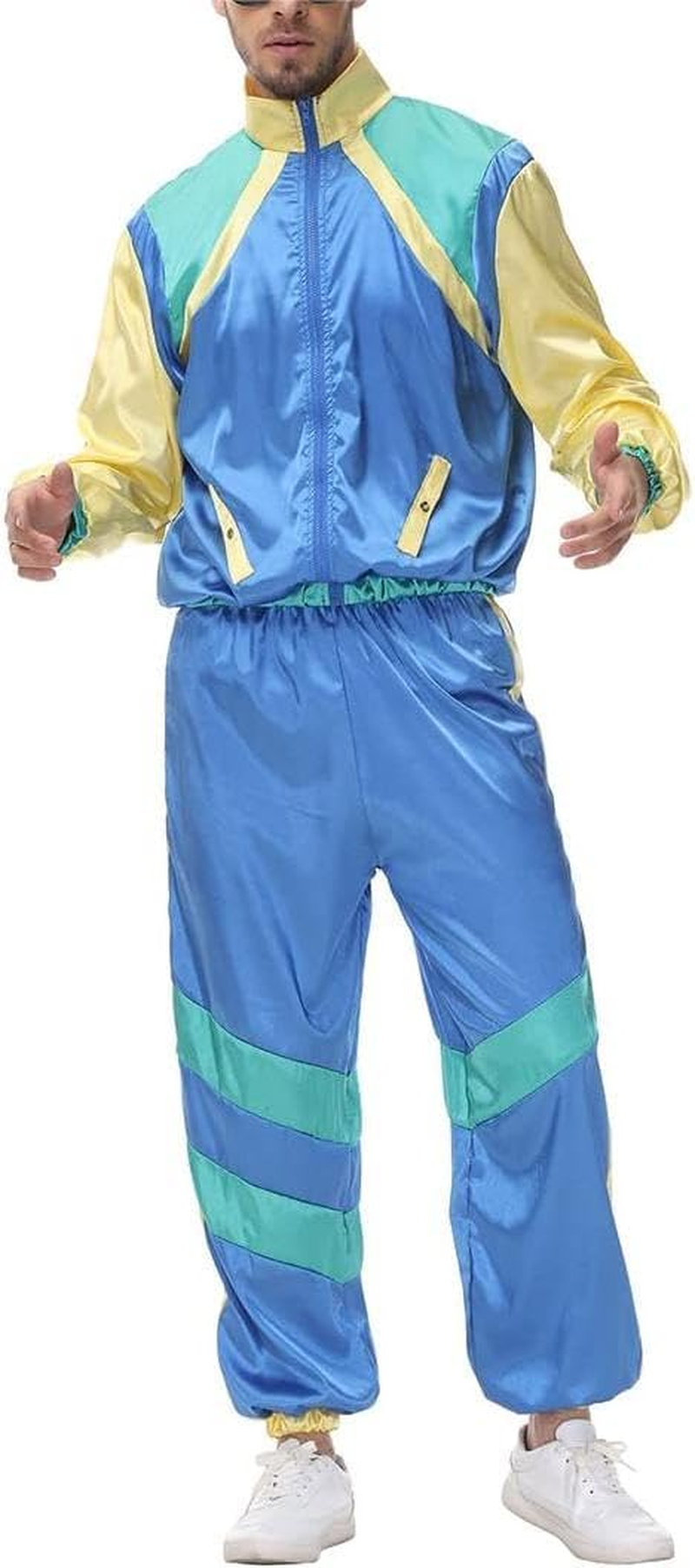 Women Men 80S 90S Costume Color Block Tracksuit Windbreaker Long Sleeve Zip Front Jacket Pants Headband Set image number 1