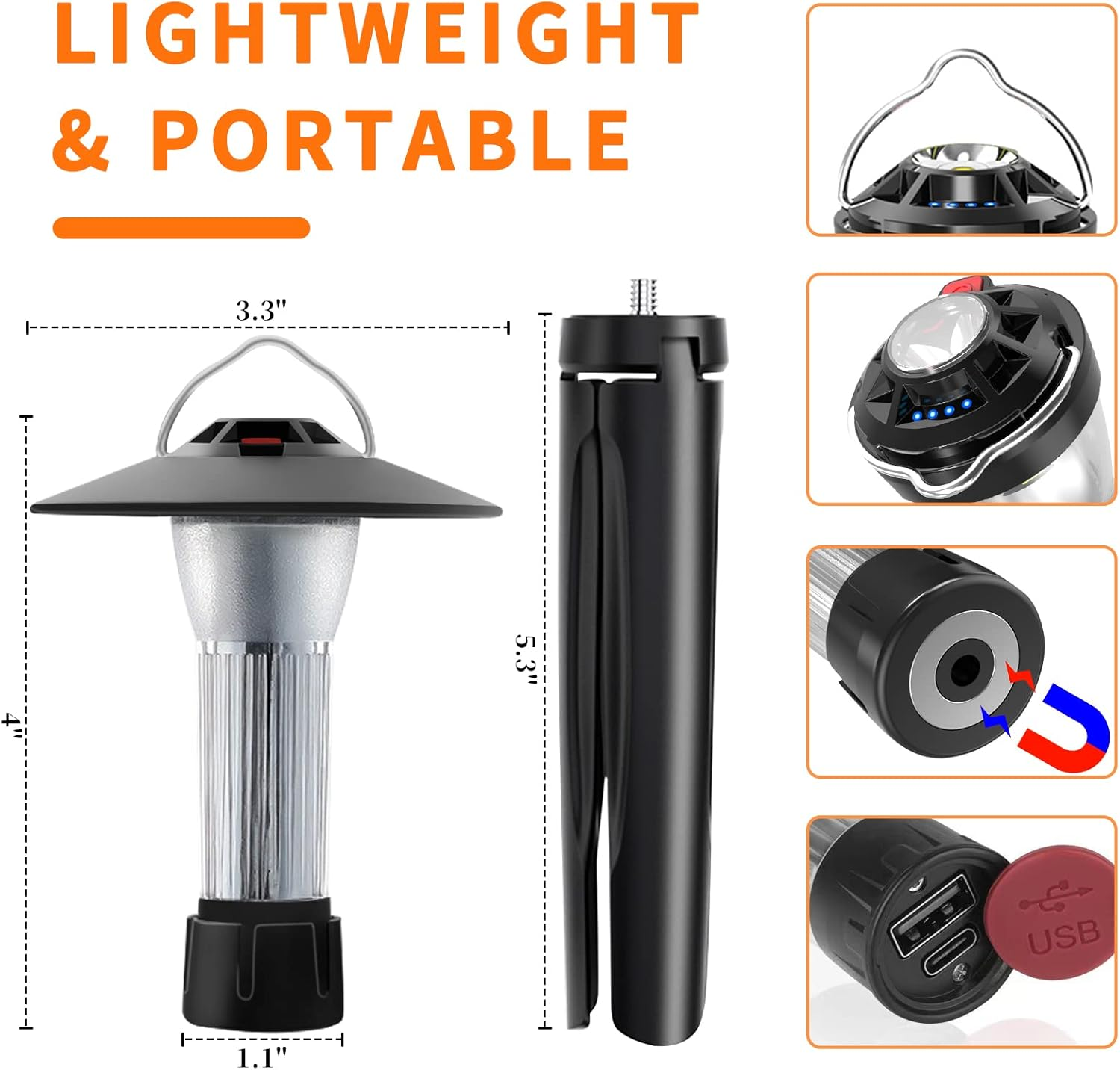 YIFENG Mini 2-In-1 USB Rechargeable LED Lantern Flashlight with 3 Light Modes, Stepless Dimming, Portable 2200Mah Outdoor LED Tent Light Torches with Magnetic Base and Tripod for Camping Hiking Cycling Emergency