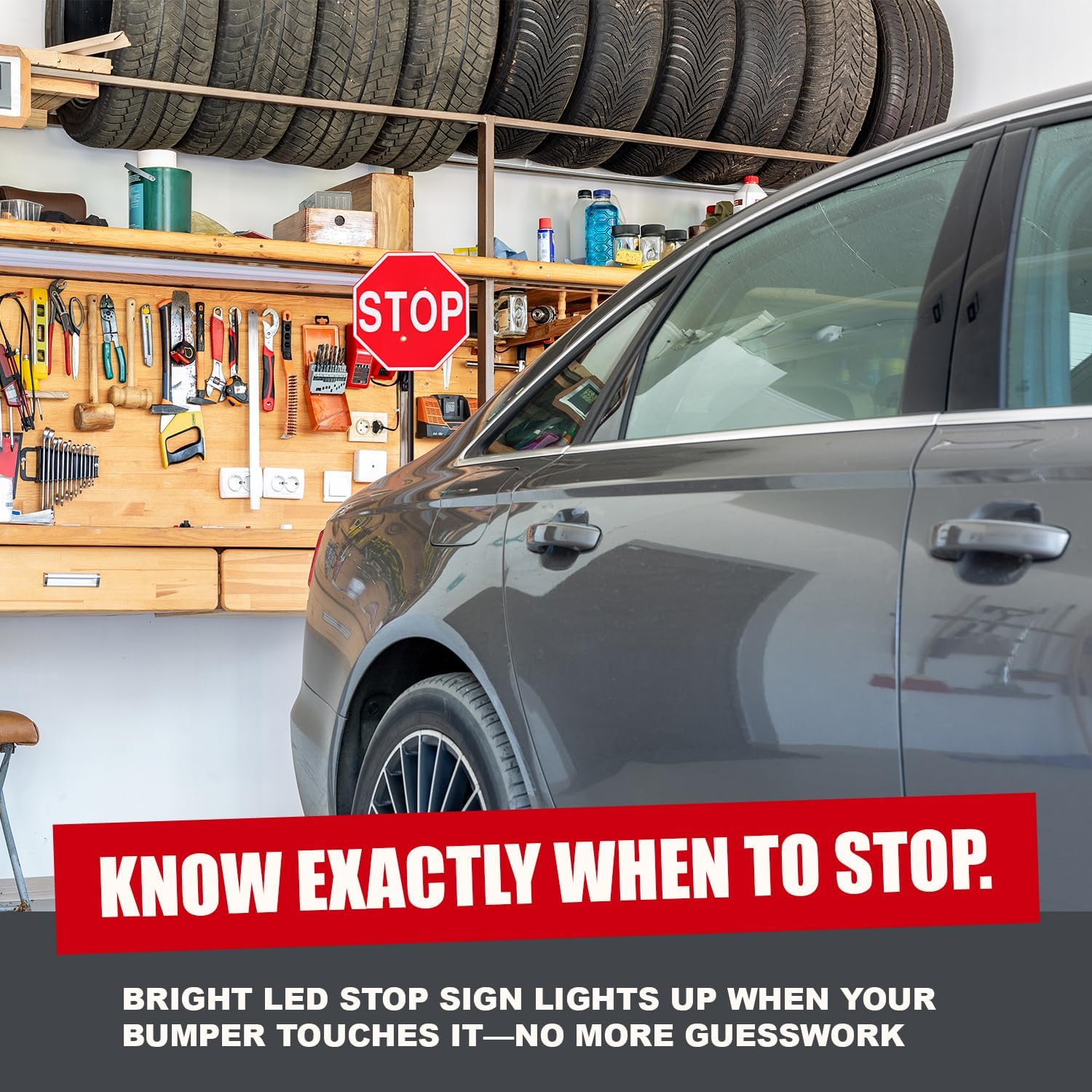 SECURITYMAN LED Stop Sign for Garage Parking Assist (2 Pack) - Stress Free - Large 7" Sign, Bright Red Leds, Adjustable Height (Up to 54") - Garage Car Stop Indicator That Lights up with Contact image number 5