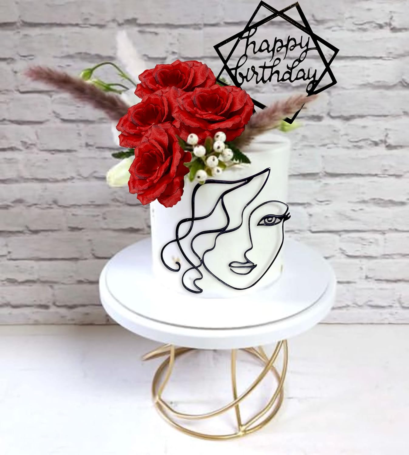 Jevenis Red Acrylic Minimalist Art Lady Face Cake Topper - 2 Pack with 5 Roses - Vintage Rose Flower - Birthday Party image number 6