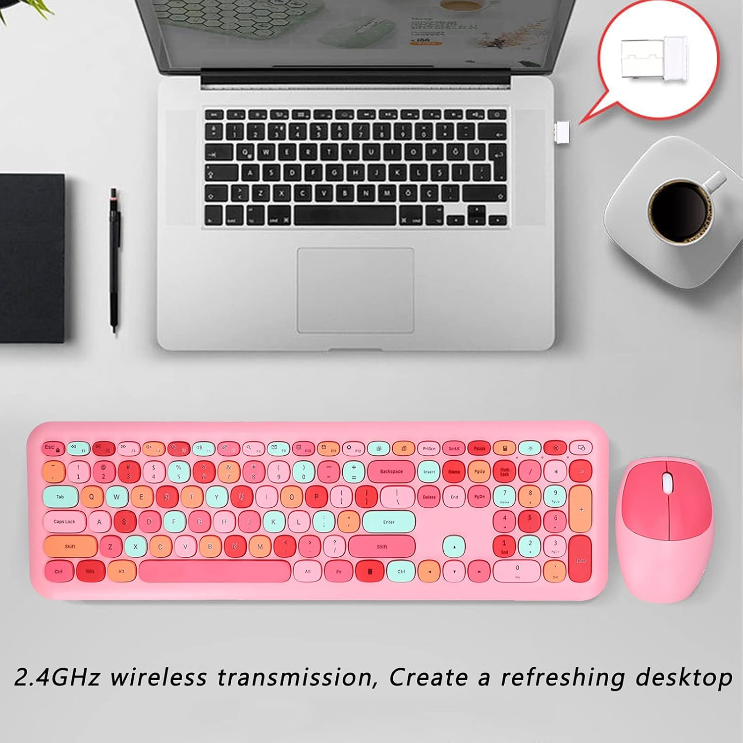 Wireless Keyboard and Mouse Set, Retro Style, Ergonomic Angle, Power Saving Technology, Multi Color, Mute Cover, for Home Office (Mixed Color Keyboard and Mouse Set) - Green Mixed Color Keyboard And Mouse Set image number 2