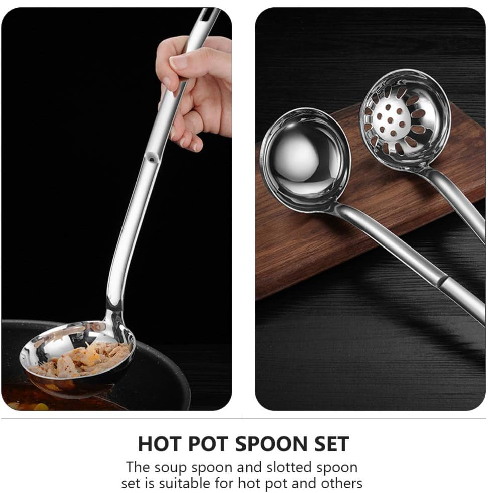 Cabilock 2Pcs Stainless Steel Handle Soup Scoop and Slotted Spoon Ergonomic Kitchen Utensils for Cooking and Serving Easy to Clean Prevents Spills Convenient Storage Hook image number 6