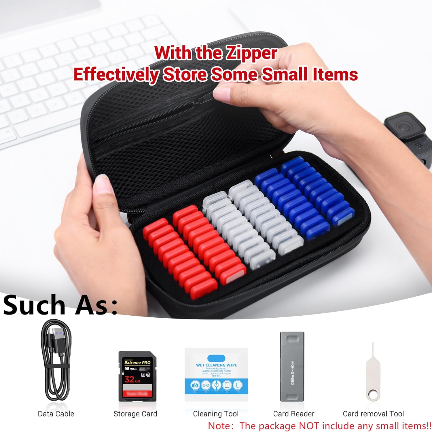 EVA PU Micro SD Card Case with 60 Individual Plastic TF Card Holders - Water-Resistant, Anti-Shock Carrying Organizer with Handle & Label image number 1