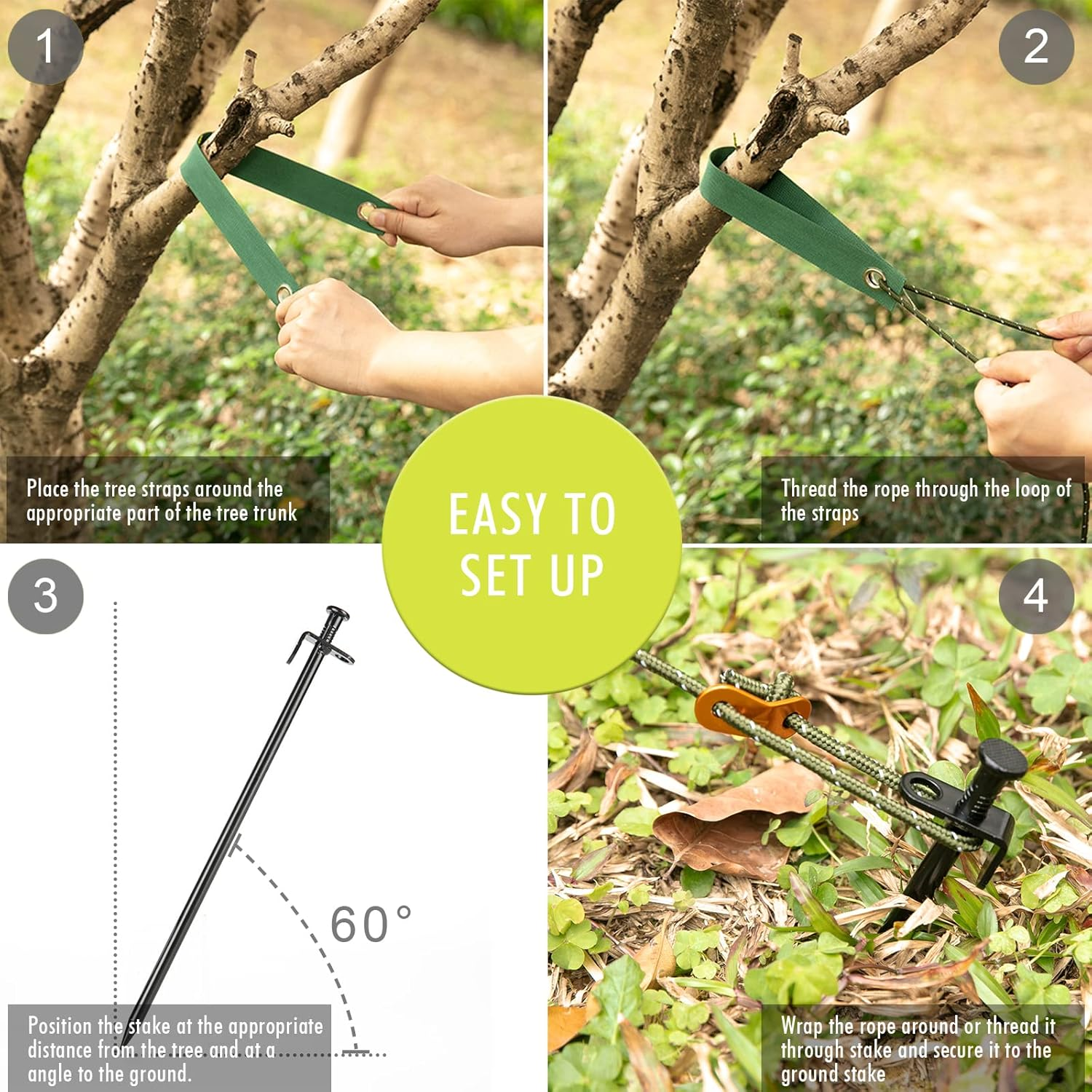 Heavy Duty Tree Stake Kits, 11.8 Inch Steel Tree Stakes and Supports for Young Tree anti Strong Wind, Leaning Tree Anchor Straightening Kit with 3 PCS Steel Stakes, 13.12 Feet Rope and Tree Straps image number 1