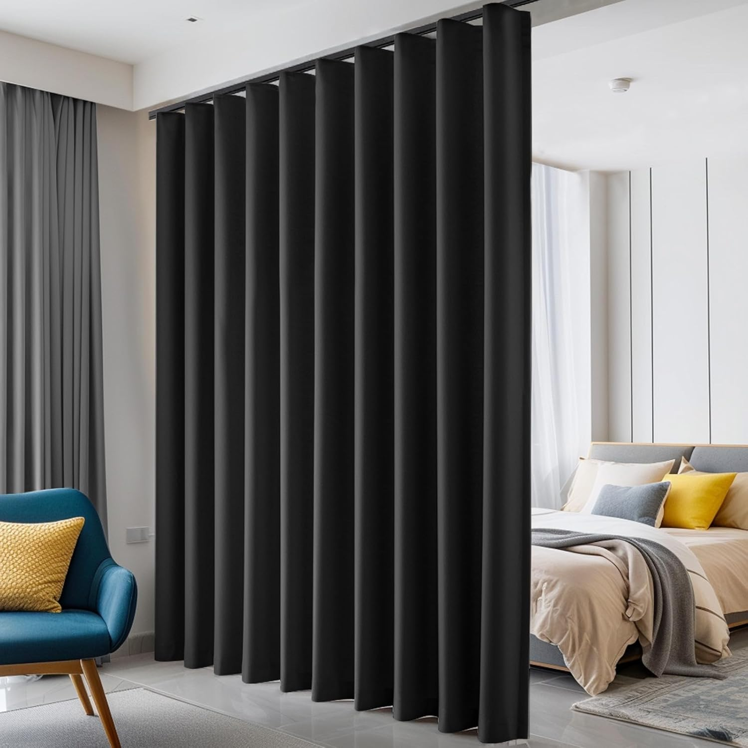 Hoeflife Room Divider Curtains, Blackout Ceiling Track Curtains with Hook Sound Proof Floor Curtains Perfect for Ceiling Mount Curtain Tracks Wall Divider for Room Separation (Black, W120 X H96)