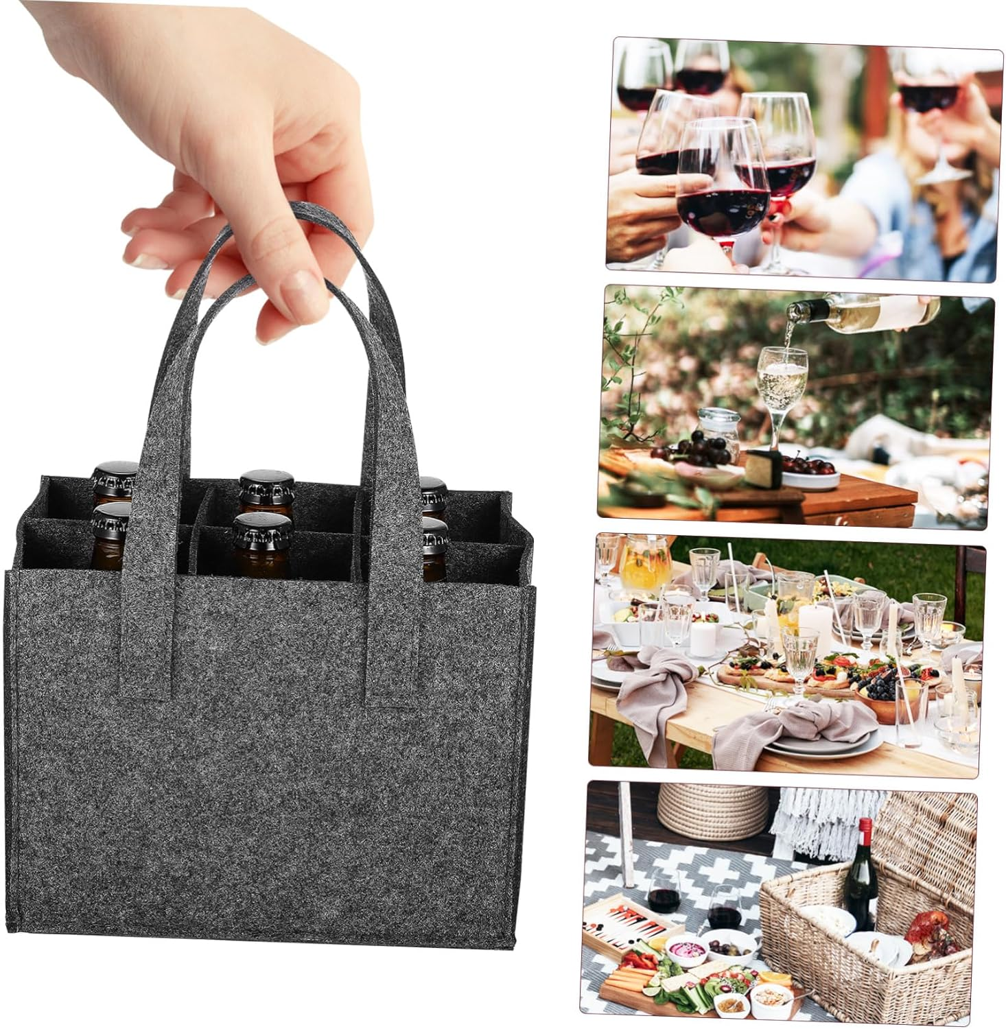 MOTHNUR Felt Wine Bag Wine Carrier Tote Bag with Divider 24X16X16Cm Reusable Felt Bottle Handbag for 6 Bottles Tote Suitable for Travel and 4Pcs image number 6