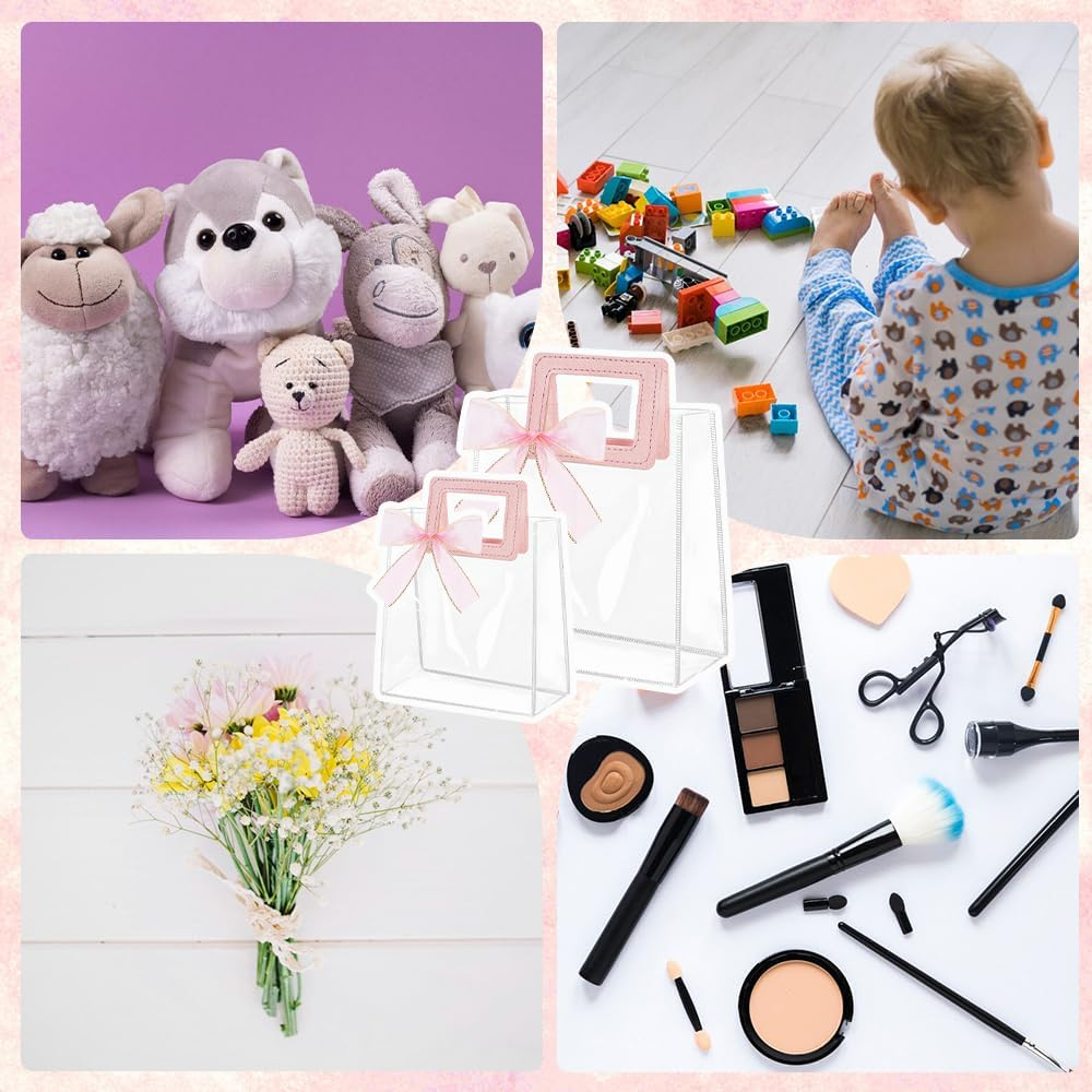 15 Pcs Clear Gift Bags with Handles, Transparent PVC Gift Bag with Ribbon, Reusable Plastic Shopping Bags, Heavy Duty Gift Wrap Bags for Bridal Party Baby Shower Wedding Birthday, 7X8X4In image number 5