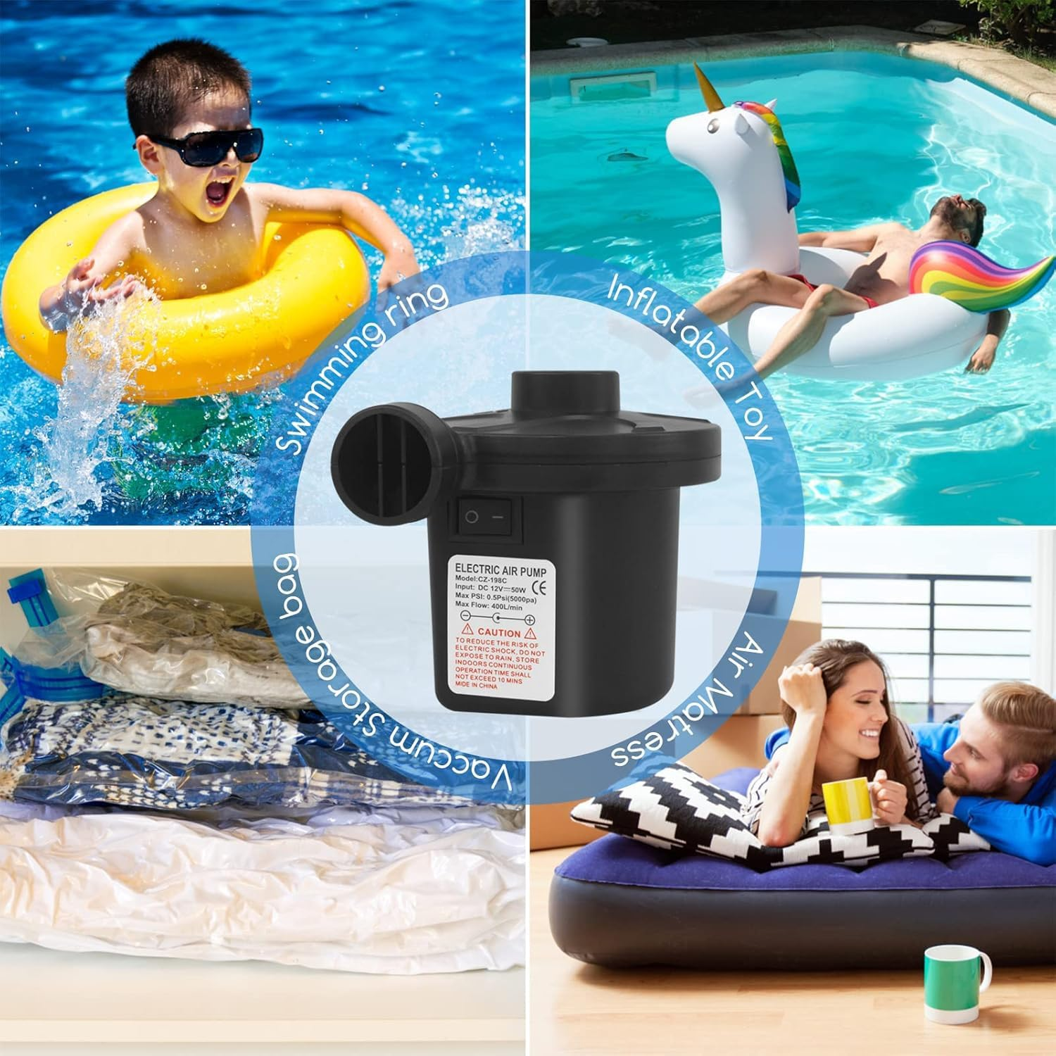 Electric Pump for Inflatables with 3 Nozzles, AC 110-240V/DC 12V 50W High Power Electric Air Pump for Air Bed Mattress Couch Inflatables Paddling Pool Beach Toys, Fill Inflator Deflator image number 3