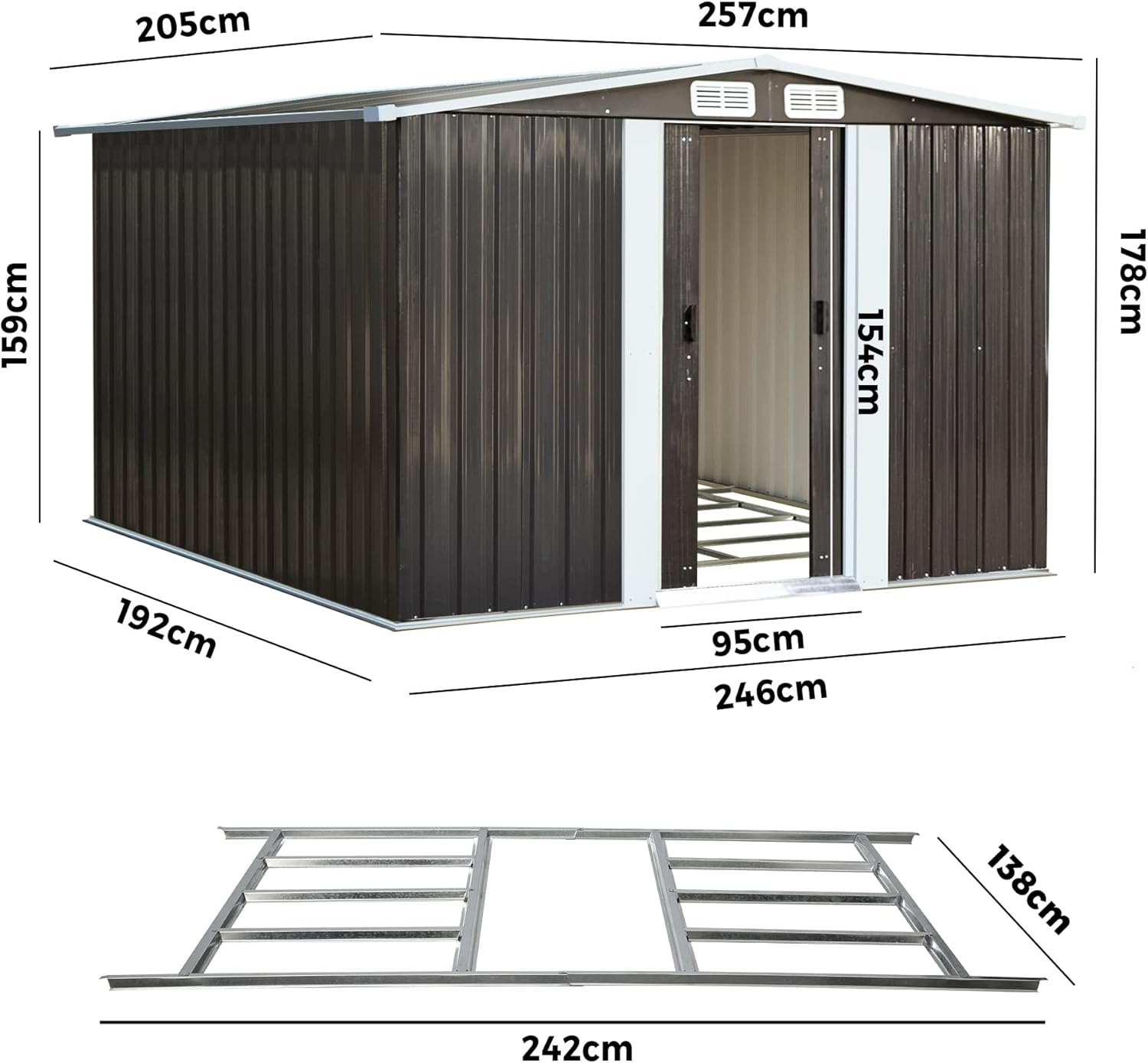 LI LIVSIP Garden Shed with Foundation - Galvanised Steel Outdoor Storage Shed with Double Slopes Roof Air Vent Sliding Doors, for Gardening Tools Bikes, 257X205X178Cm, Lock Included image number 1