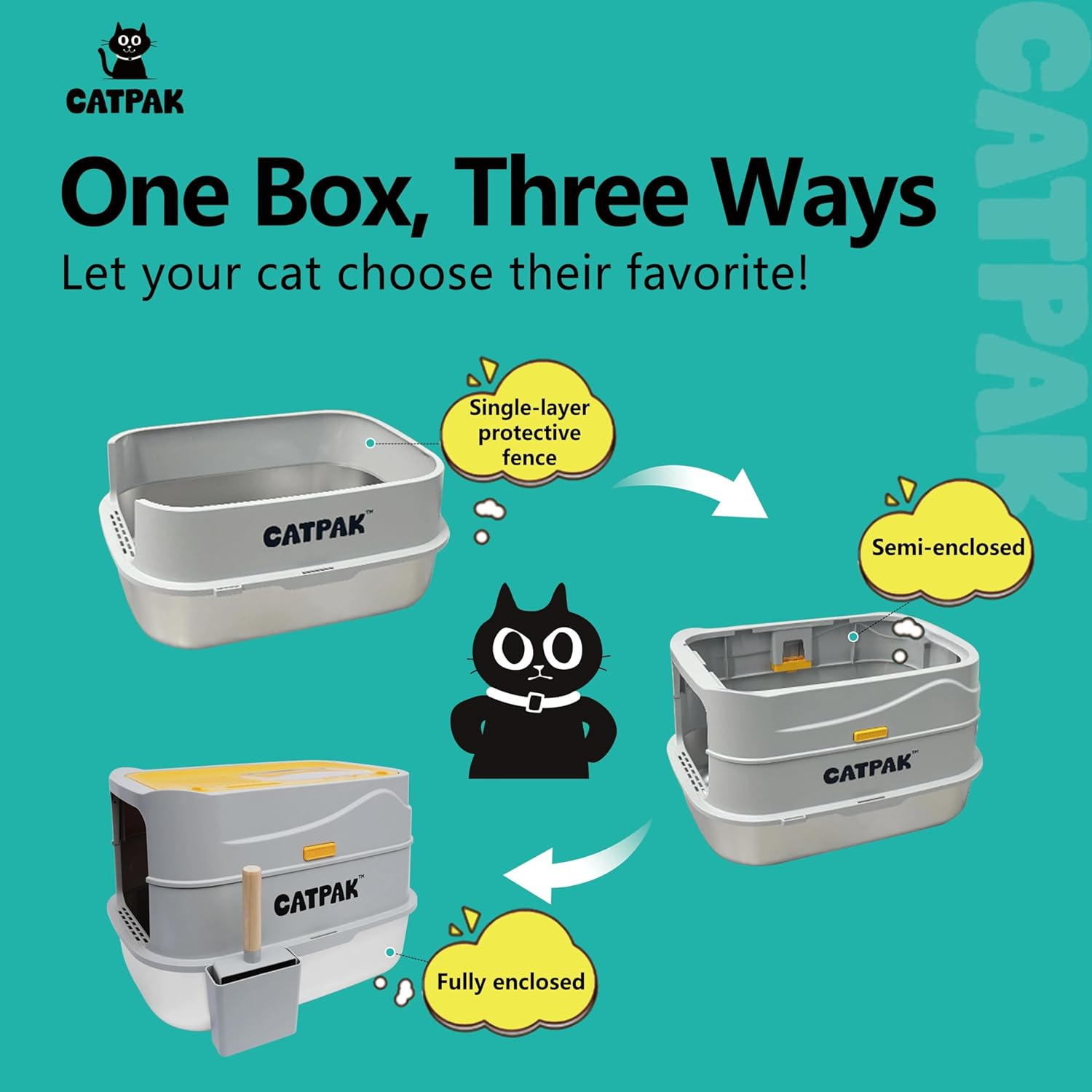 CATPAK 3-Piece Stainless Steel Cat Litter Box with Removable Covered Lid &ndash; Cat Litter Tray for Shy/Anxious Cats, Easy-Clean, Odor-Resistant, Includes Pan & Tray, Large