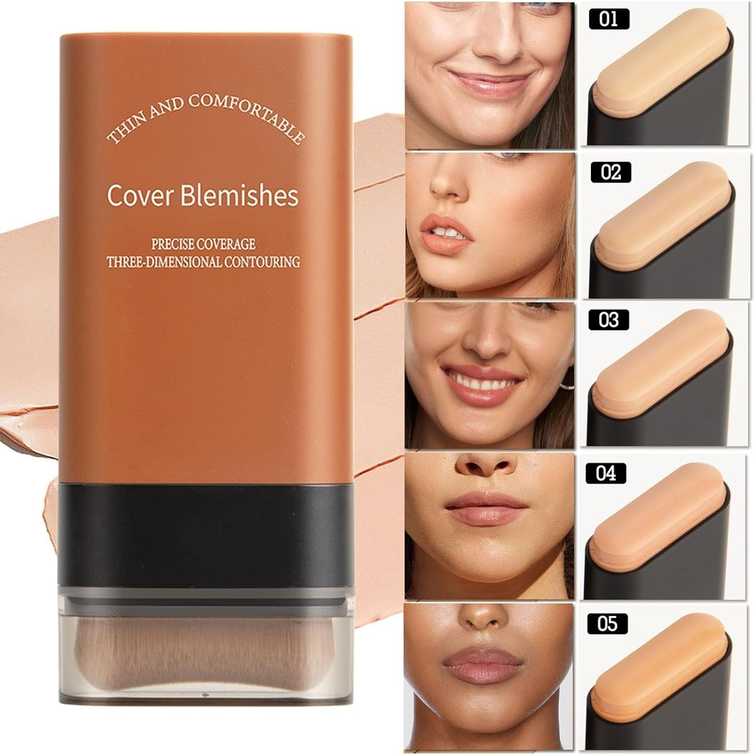 2025 Korean Hydrating Lightweight Foundation Stick with Built-In Brush, Flawless Eraser Foundation Stick, Full Coverage & Waterproof Longwear Makeup for Natural Skin Tone (05#) - 05 image number 5