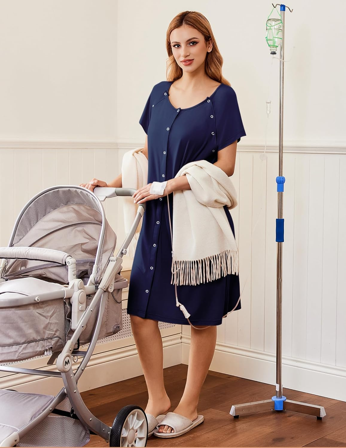 Ekouaer 3 in 1 Nursing Dress Maternity Nightgown Labor/Delivery Breastfeeding Birthing Gown with Button image number 3