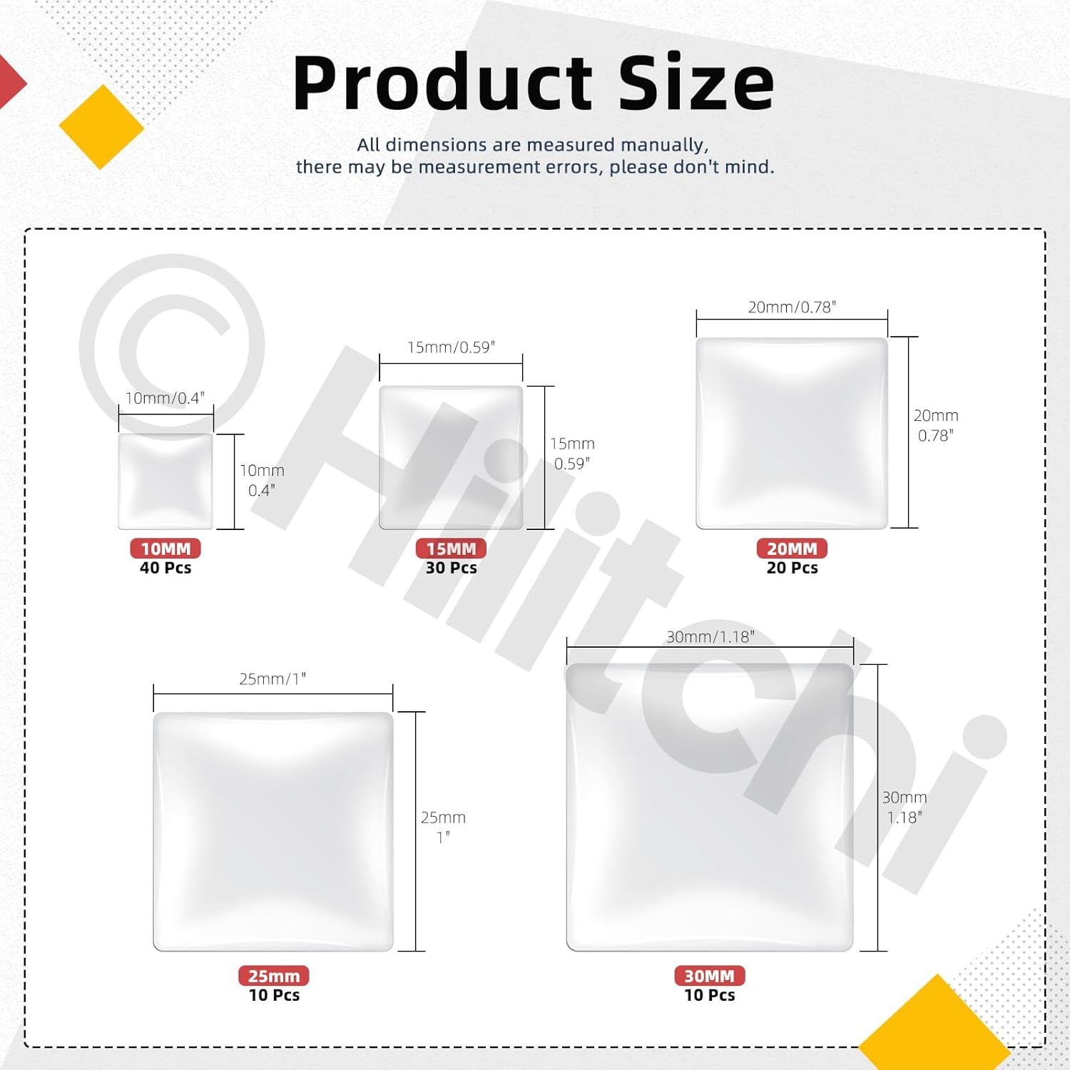 Hilitchi 110PCS 5 Sizes Square Shaped Glass Dome Tiles Assortment Kits 10MM 15MM 20MM 25MM 30MM Transparent Glass Dome Cabochons Flat Glass Bead Cabochon Tile for DIY Jewelry Photo Pendant Making image number 2