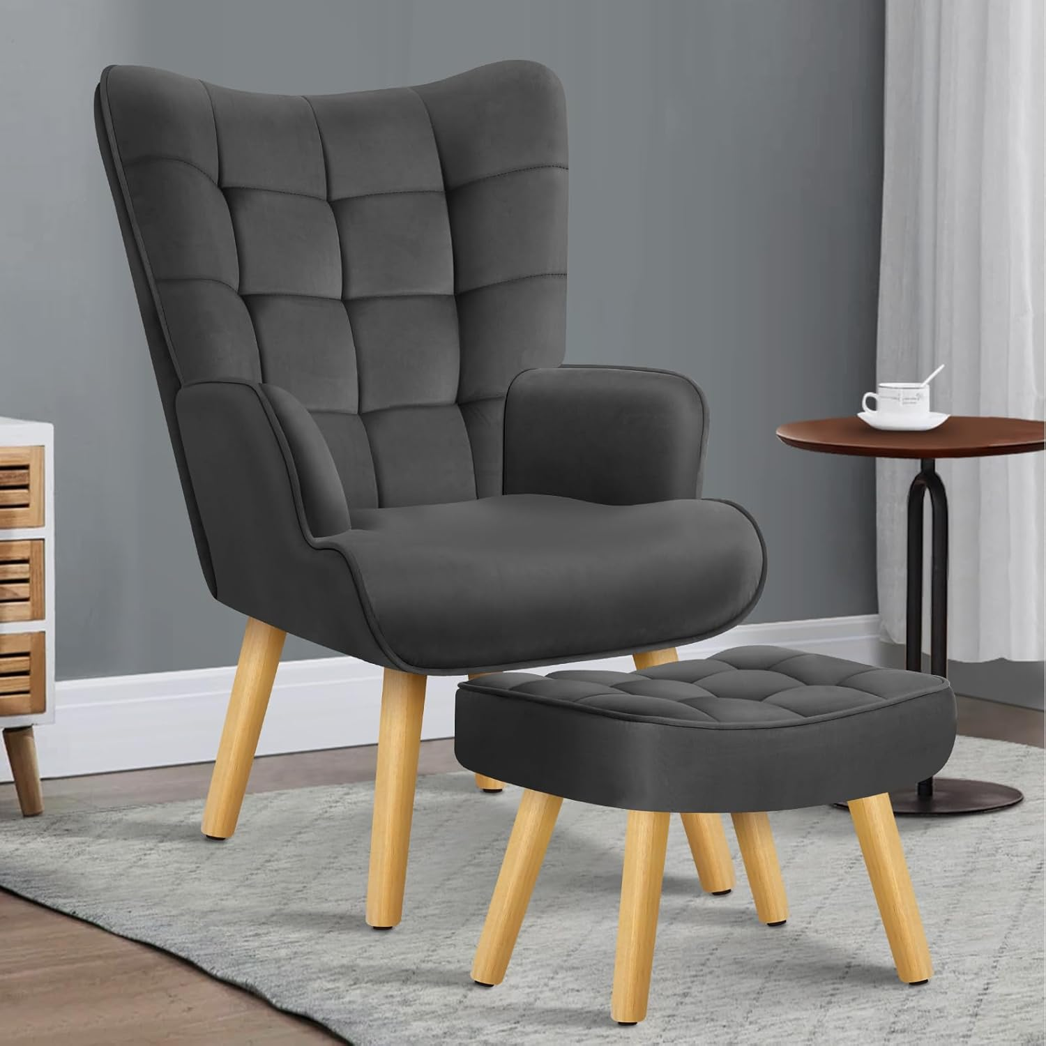 ALFORDSON Velvet Armchair Nursing Chair with Ottoman Footstool Bozena Series, Leisure Occasional Lounge Sofa Wooden Legs, Accent Chair for Reading Dressing Bedroom Living Room, 180Kg Max, Dark Grey image number 5