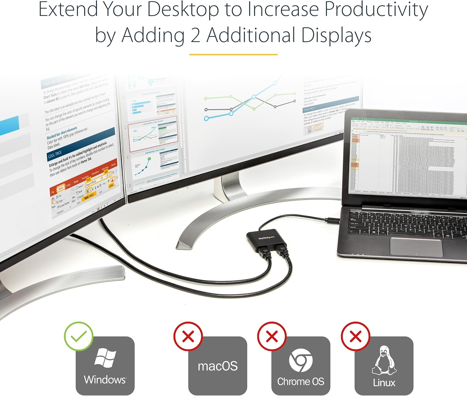 Startech.Com USB 3.0 to Dual HDMI Adapter - 1X 4K 30Hz & 1X 1080P - External Video & Graphics Card - USB Type-A to HDMI Dual Monitor Display Adapter - Supports Windows Only - Black (USB32HD2) image number 1