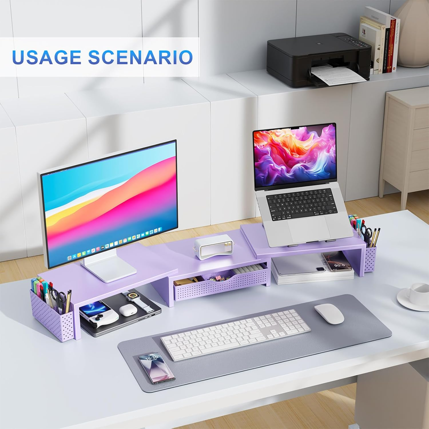 Gianotter Dual Monitor Stand Riser, Desk Organizer with Drawer and 2 Pen Holders, Desk Organizers and Accessories, Purple Office Decor (Purple) - Black image number 4