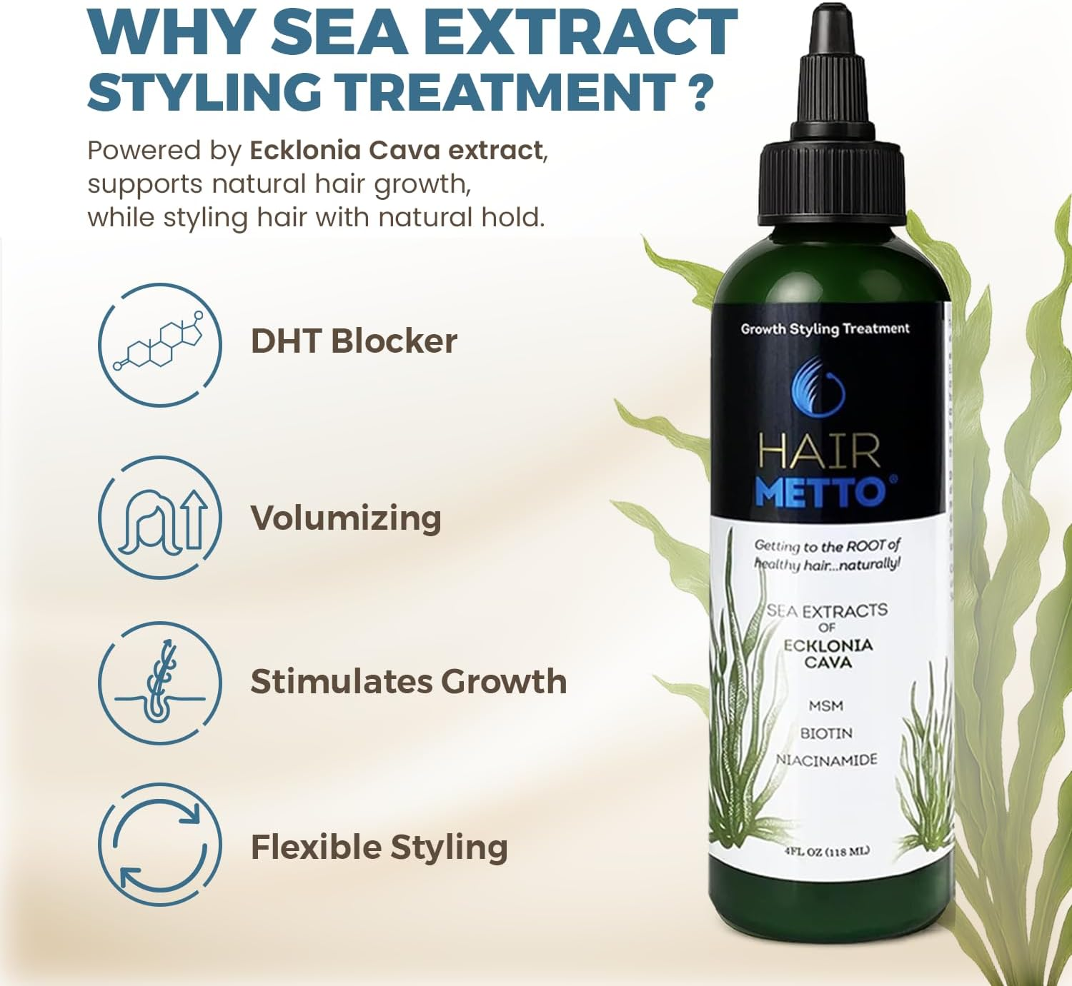 Topical Ecklonia Cava Hair Serum for Hair Growth, Flexible-Hold Hair Liquid Gel for Women & Men, Hair Volumizer for Fine Hair & Other Types, Styling Hair Loss Products W/Msm & Biotin, 4Oz image number 3