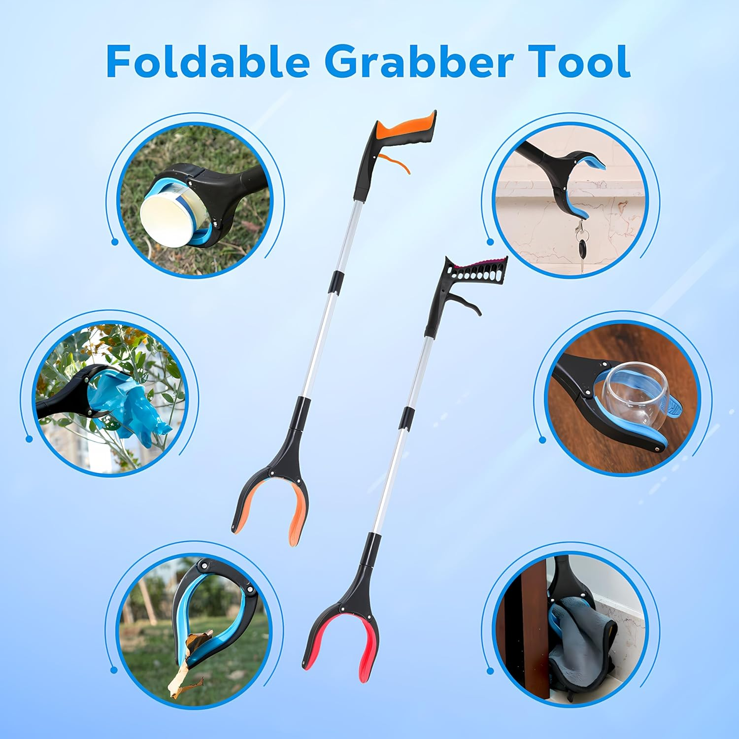 Reacher Grabber - Foldable Gripper and Reaching Tool - 32&rdquo;Extra Long Handy Trash Claw Grabber, Mobility Aid Reaching Assist Tool for Trash Pick Up, Litter Picker, Arm Extension (Orange) - Black Blue image number 3