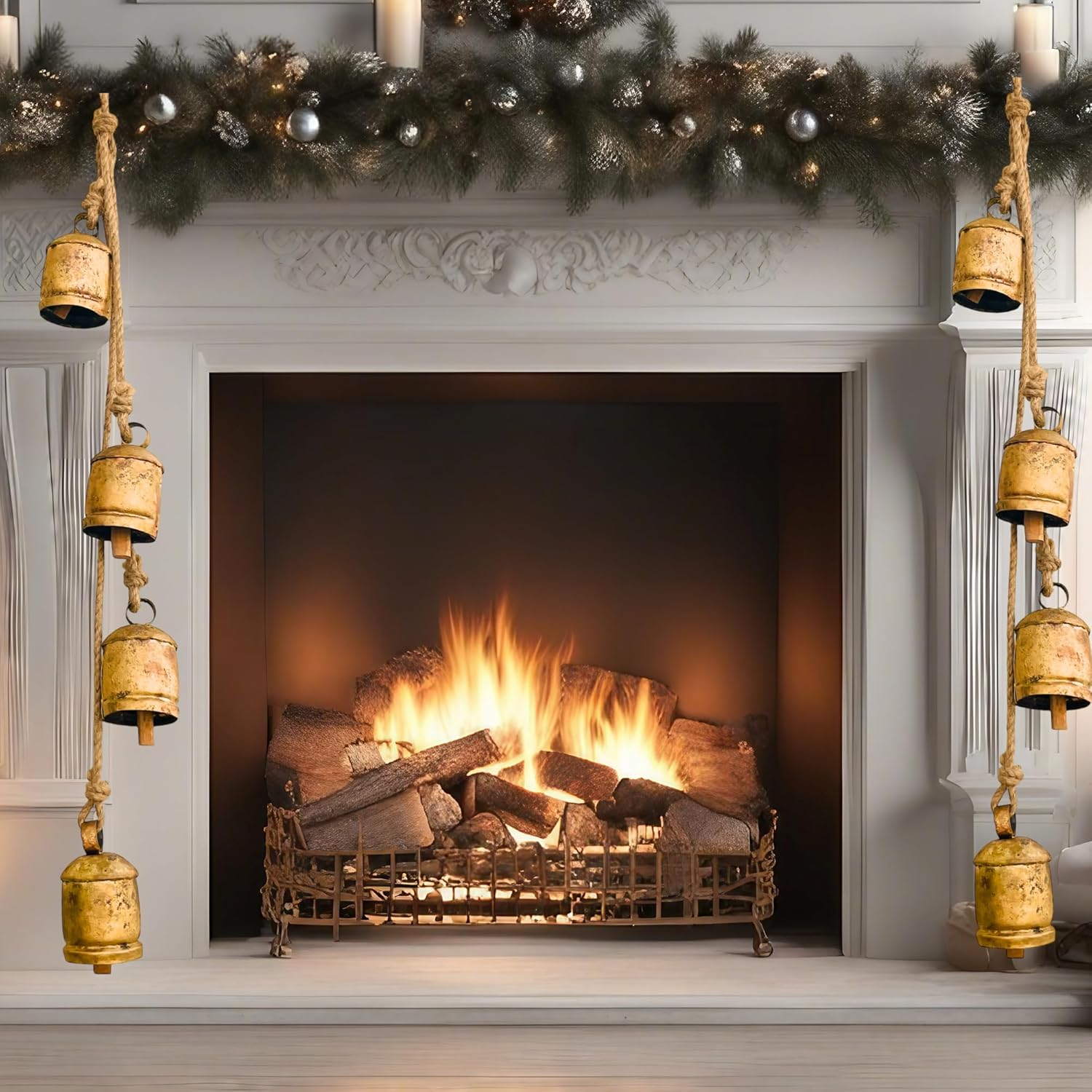 Mie Creation 4 Rustic Bells Cluster, Vintage Christmas Cow Bells on Jute Rope, Handmade Metal Wall Hanging Decor, Iron Cowbells, Christmas Decorations Ornaments for Holidays- Antique Gold 30 Inch image number 4