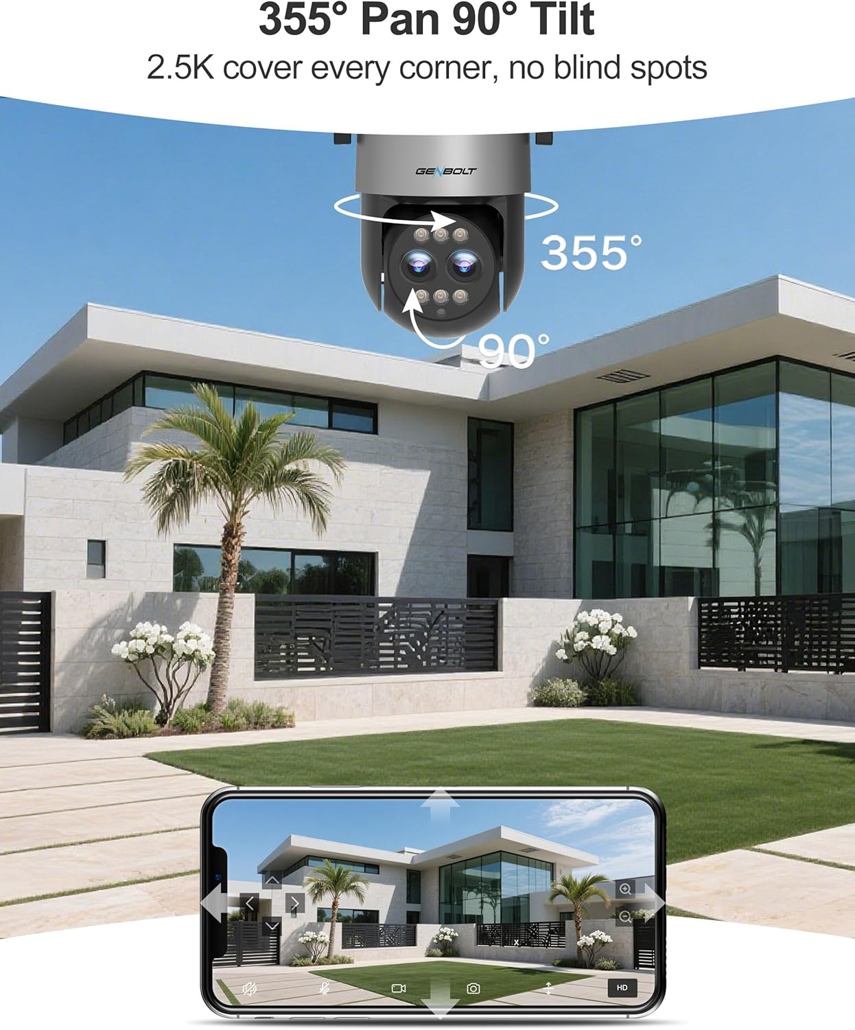 GENBOLT 2.5K PTZ Wifi Security Camera Outdoor with Poe, Dual Lens CCTV Home Surveillance Camera with 10X Hybrid Zoom, IP Camera with Color Night 4MP, Auto Tracking Humanoid Detection(2.4&5Ghz)