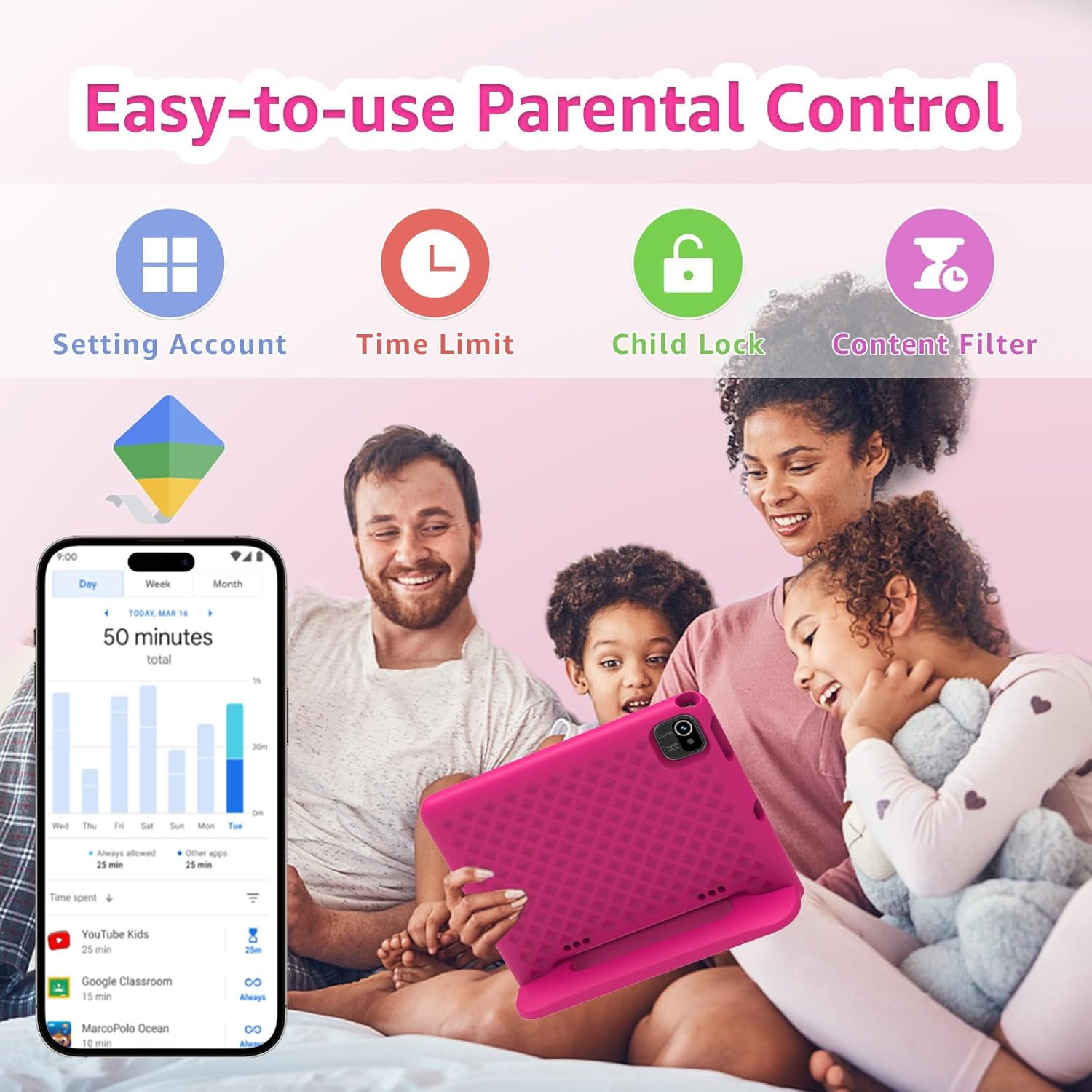 Apolosign Kids Tablet 10 Inch Tablet for Kids, Learning Tablet with Android 13, Wifi, BT5.0, Dual Camera, Pre-Installed Educational App, Parental Control, Shockproof Case for Boys Girls(Pink) image number 5