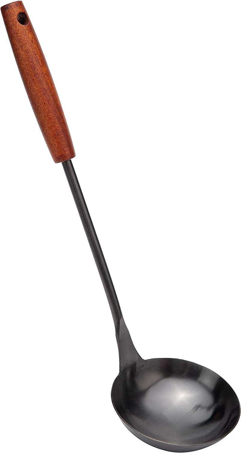 Soup Ladle 14.2 Inches Wok Utensils - Stainless Steel, Rust Proof with Ergonomic Wooden Handle for Cooking, Gravy, Sauces, and More
