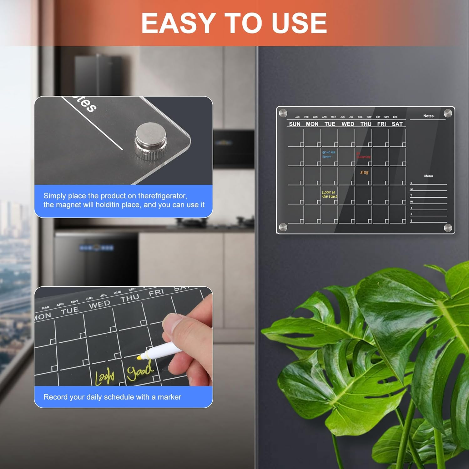 TECDW 1-Pack Magnetic Fridge Calendar 30X24Cm,Acrylic Calendar Monthly Planner with 6 Wet Erase Markers,Magnetic Fridge Planner for Home,Office,Kitchen image number 3