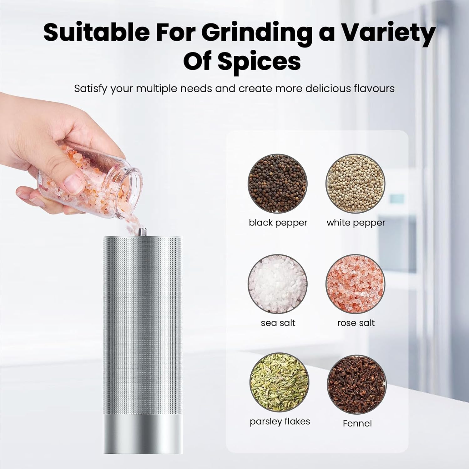 Luvan Salt Grinder, Professional Grade Salt Mill with Unique Burr Grinder, 12 Adjustable Coarseness Settings, Lightning-Fast Grinding Speed, Heavy Duty Aluminum Manual Salt and Pepper Grinder image number 4