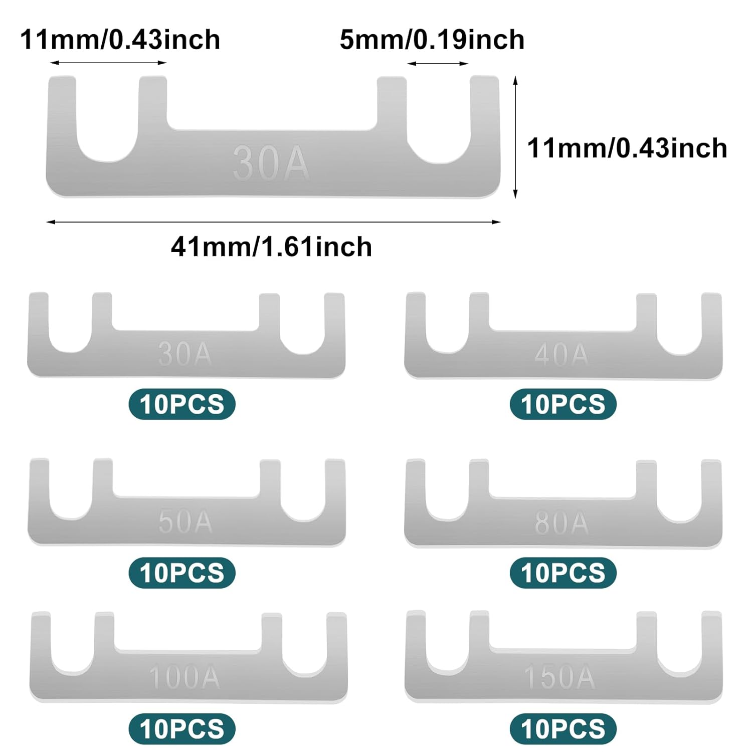 60 Pcs Strip Fuses Blade Fuse, 30A, 40A, 50A, 80A, 100A, 150A Flat Fuse Strip, Car Fuse for Caravan Motorhome, Car Fuse for Caravan Motorhome image number 6