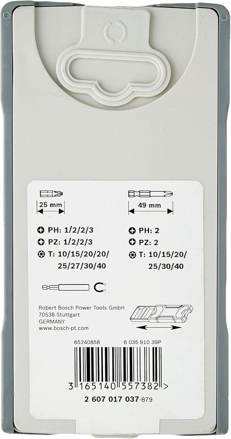 Bosch Professional 2607017037 25-Piece Screwdriver Set PH1, PH3, PZ1, PZ3, (2X25 Mm), T27, T10, T15, T20, T25, T30, T40, PH2, PZ2 (1X49 Mm), Bit Holder