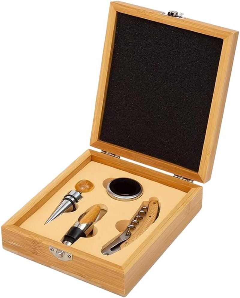 AIMALL Stainless Steel Wine Opener Set with Bamboo Box &ndash; 4-In-1 Multifunctional Corkscrew, Stopper, Drip Ring & Pourer for Red Wine, 5.9X6.7X1.85In