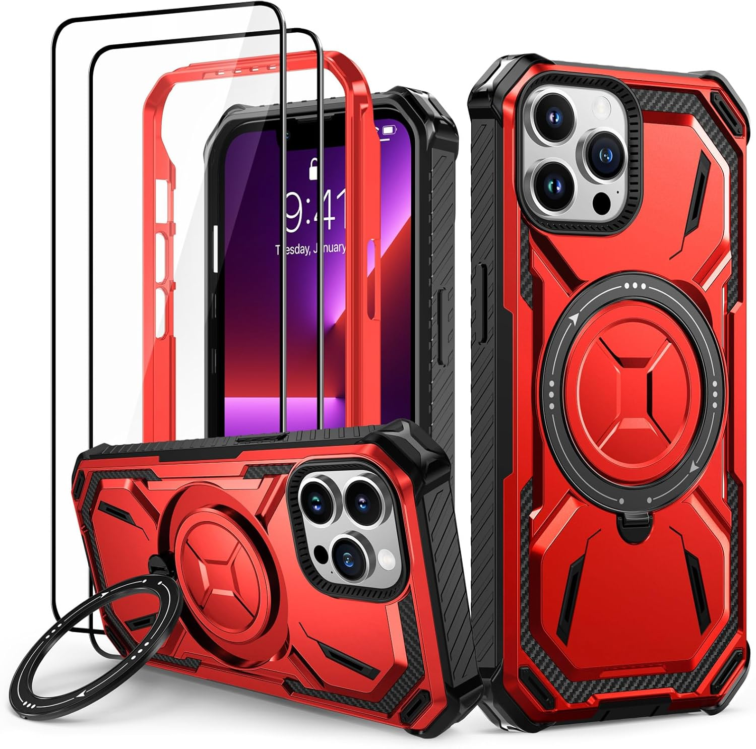 Lanhiem Mobile Phone Case for Iphone 11 Pro Case with 2 Pieces Tempered Glass and 360&deg; Ring Stand, Military Shockproof Protective Case for Iphone 11 Pro Case, Green