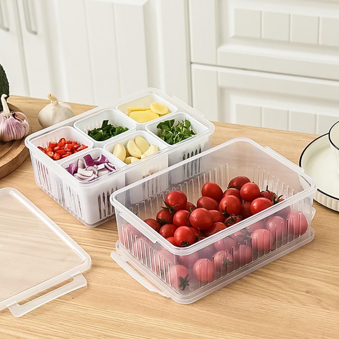 TXHFYKH Food Storage Containers with Lids Airtight, Kitchen and Pantry Organisation, Fresh Food Storage Containers, 6 Pcs Detachable Drain Basket Vegetables Sealed Keeper for Ginger Garlic Onion image number 6
