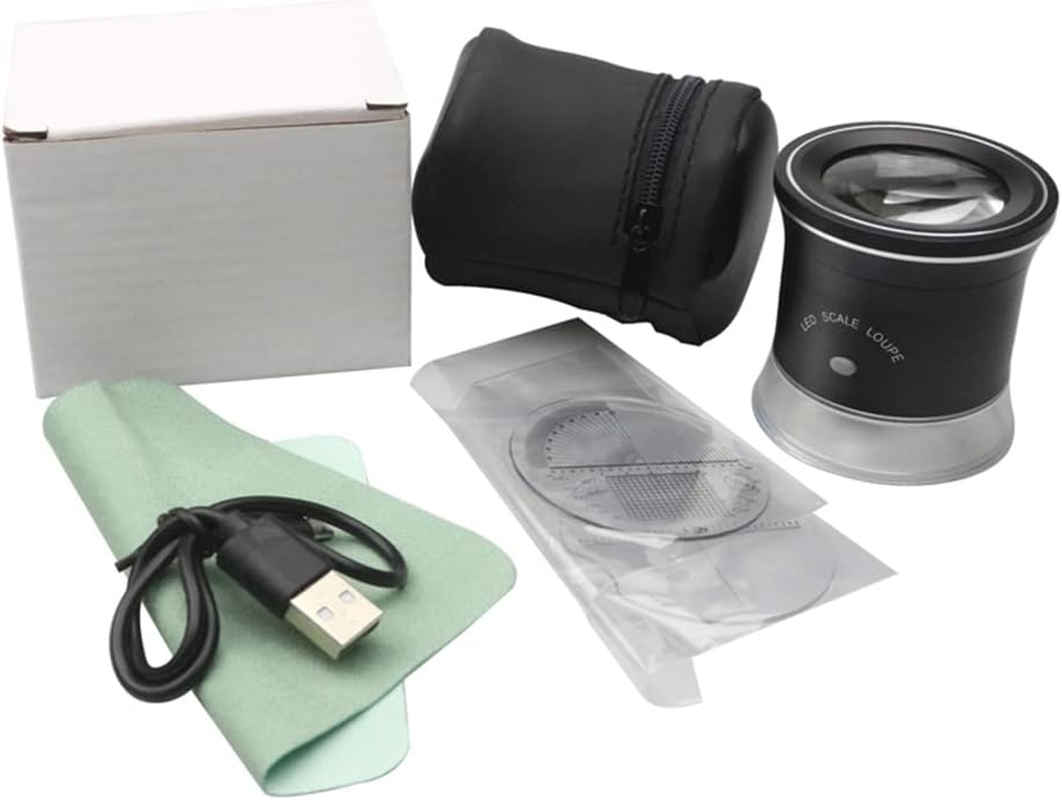 30X LED Scale Loupe Illuminated Magnifier with 6 White 3 UV Lights Rechargeable Magnifying Glass Interchangeable Reticle Scale for PCB Jewelry Coin Stamp Antique Textile Painting, with Zipper Bag