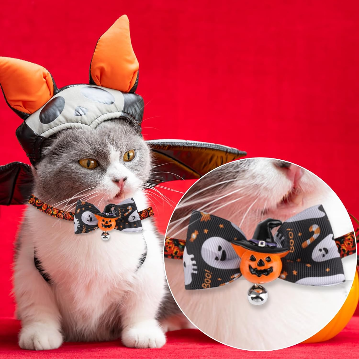2Pcs Halloween Pet Collar, Cute Dog Collar Bowties Halloween Cat Collar with Bell Puppy Collar with Bow Tie Kitten Collar for Cats and Dogs(Pumpkins & Hooded Pumpkins) image number 5