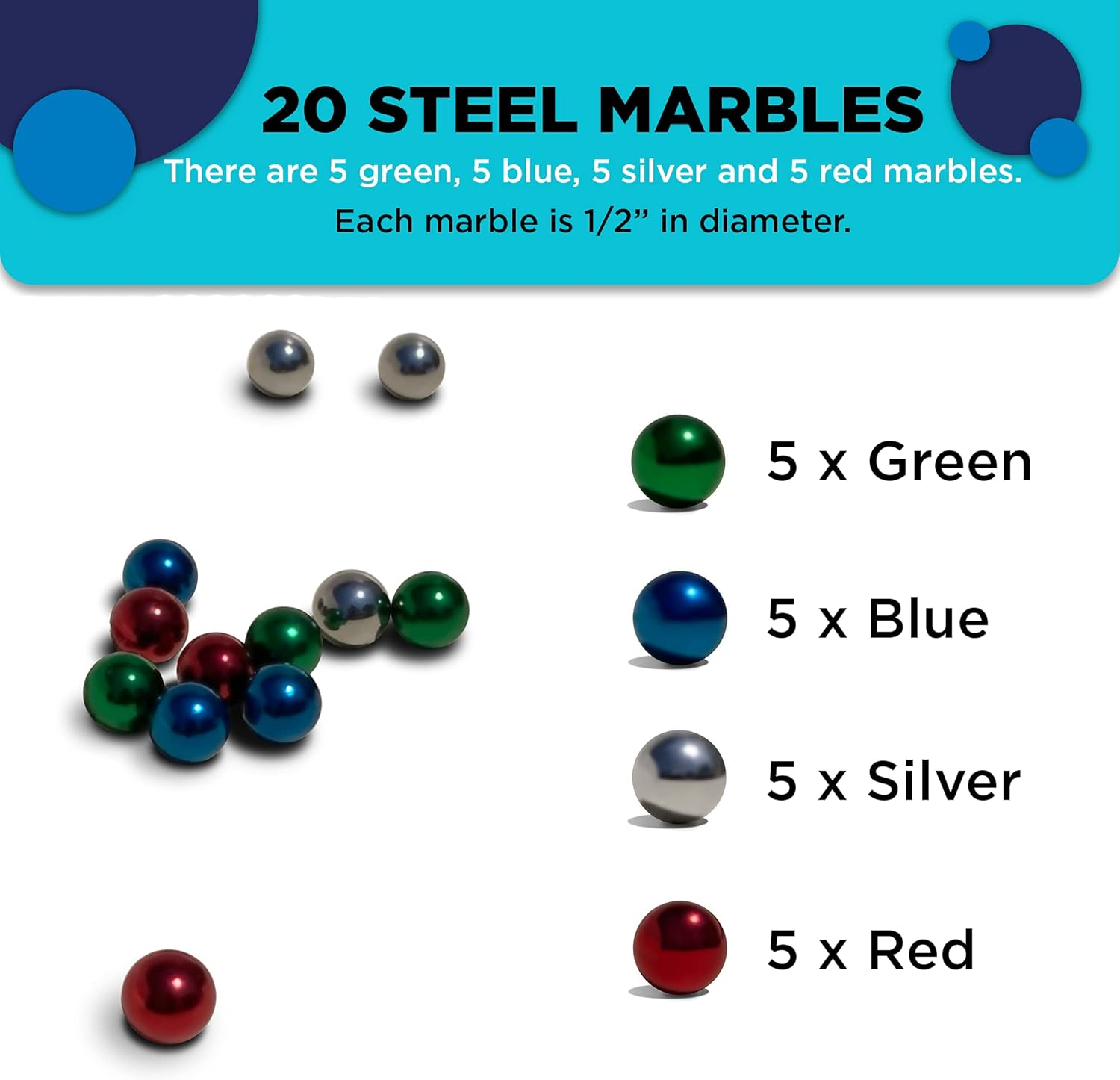 Multi-Colored 1/2" Chrome Steel Balls for Gravitrax Marble Run | High-Visibility Steel Marble Set Great for Racing, Rolling & Games | Colored Marbles Compatible with Marble Runs & Games | 20 Pack