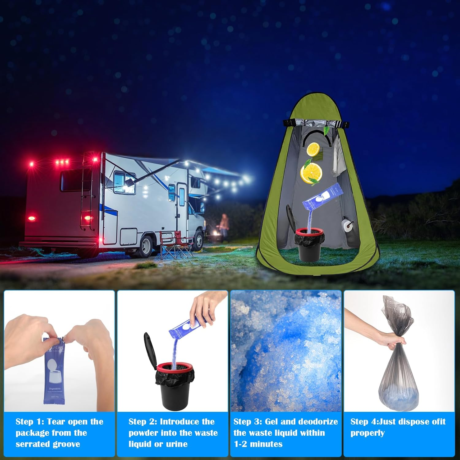 Portable Toilet Gel Powder, 20G/Pack Poo Gel for Portable Toilet, Heavier Net Wt Portable Toilet Absorbent Gel Powder for Camping Outdoor Hiking, No More Incomplete Gel image number 3