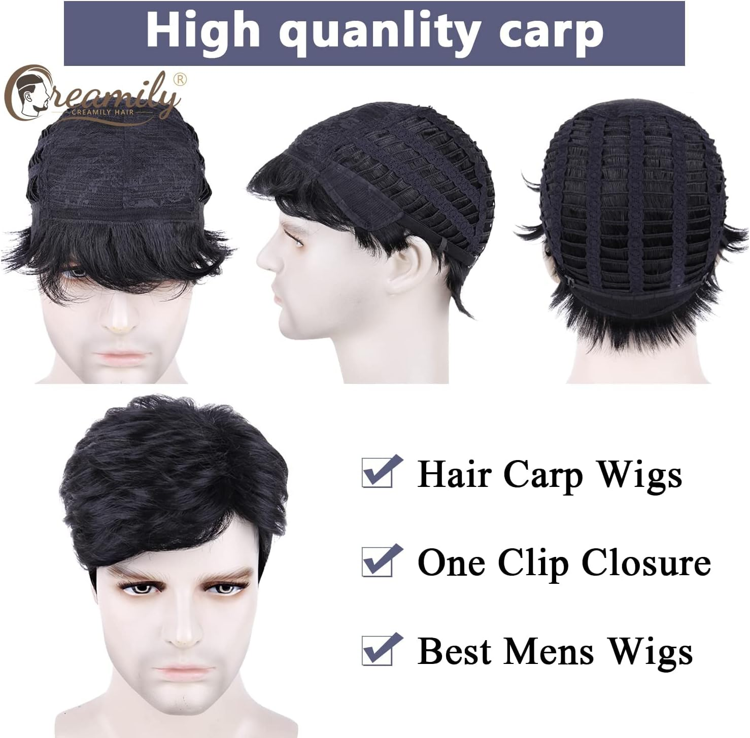 Creamily Men'S Black Short Wavy Synthetic Hair Wig for Men Costumes Cosplay Party Daily Wear Halloween Men'S Wig image number 1