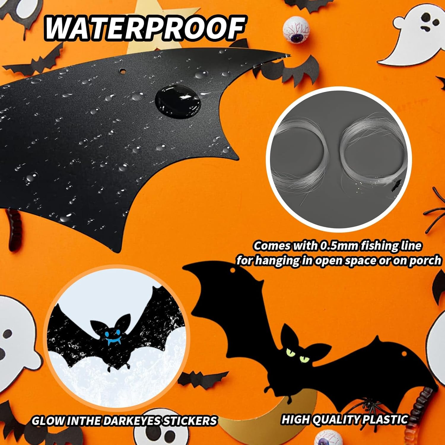 12 Pcs Hanging Bats Halloween Decorations Outdoor, Large Flying Plastic Bats Outdoor Halloween Decorations, 3 Different Size with Glowing Eye Stickers for Hanging in Tree, Yard, Porch, Lawn, Indoor image number 4